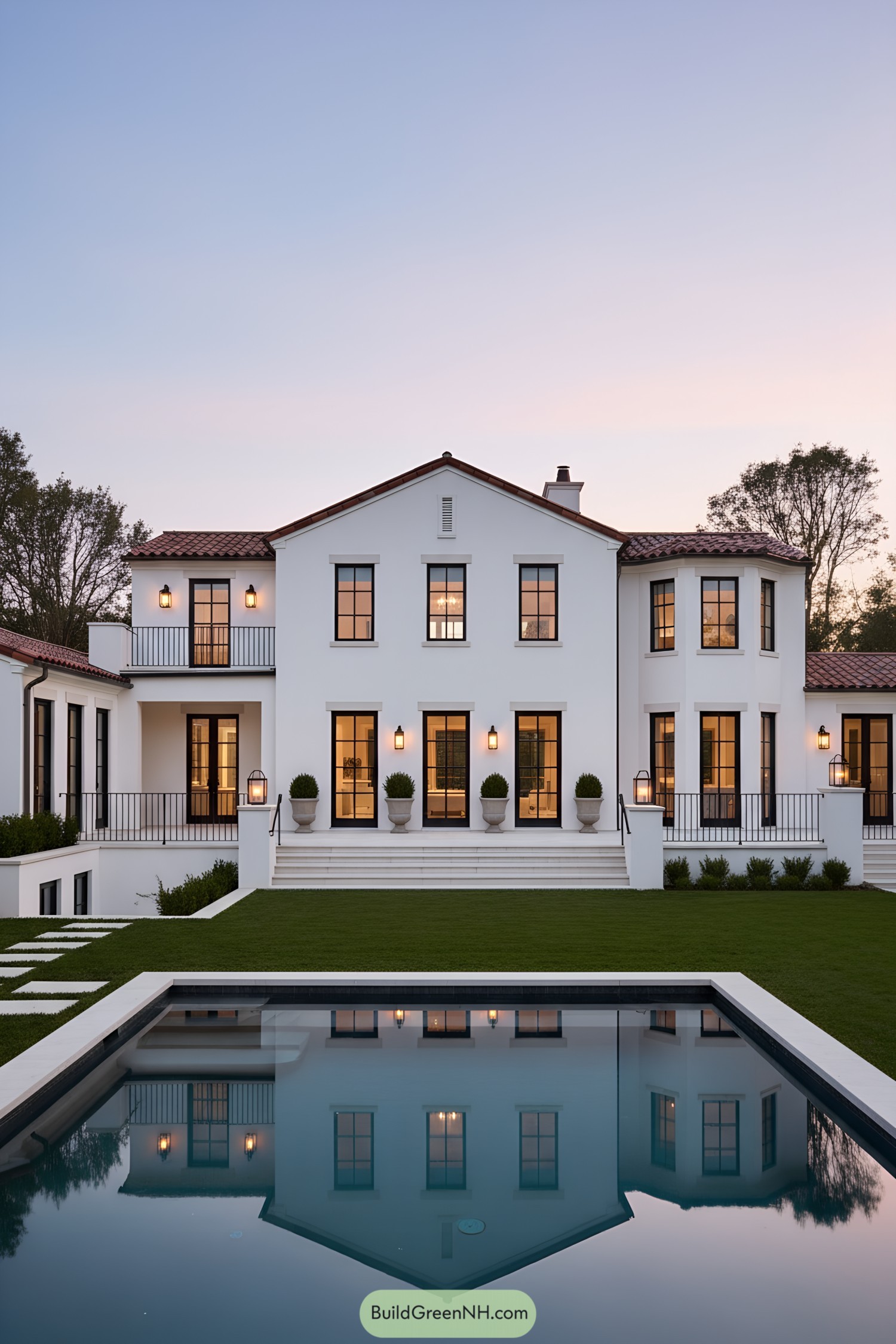 White stucco Mediterranean farmhouse with black-framed windows and terracotta roof overlooking a rectangular pool