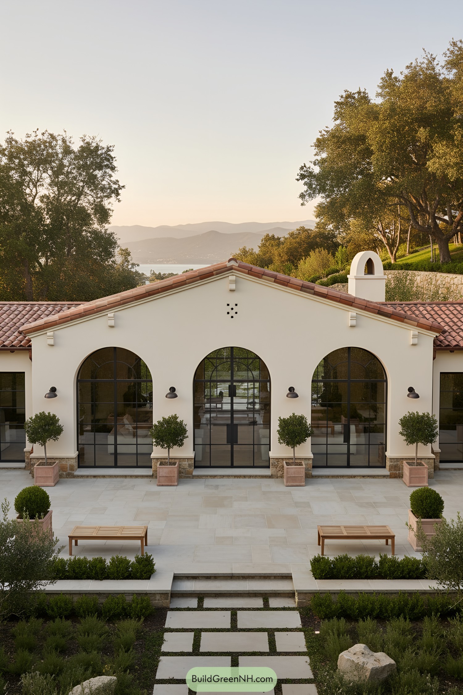 Mediterranean farmhouse with arched steel windows