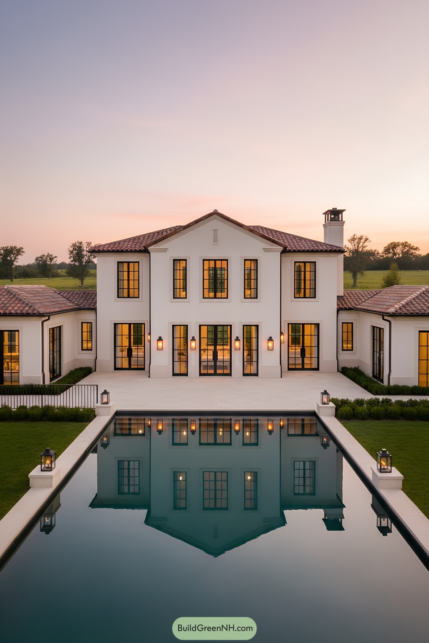 White stucco villa with black-framed windows and a long reflecting pool at sunset