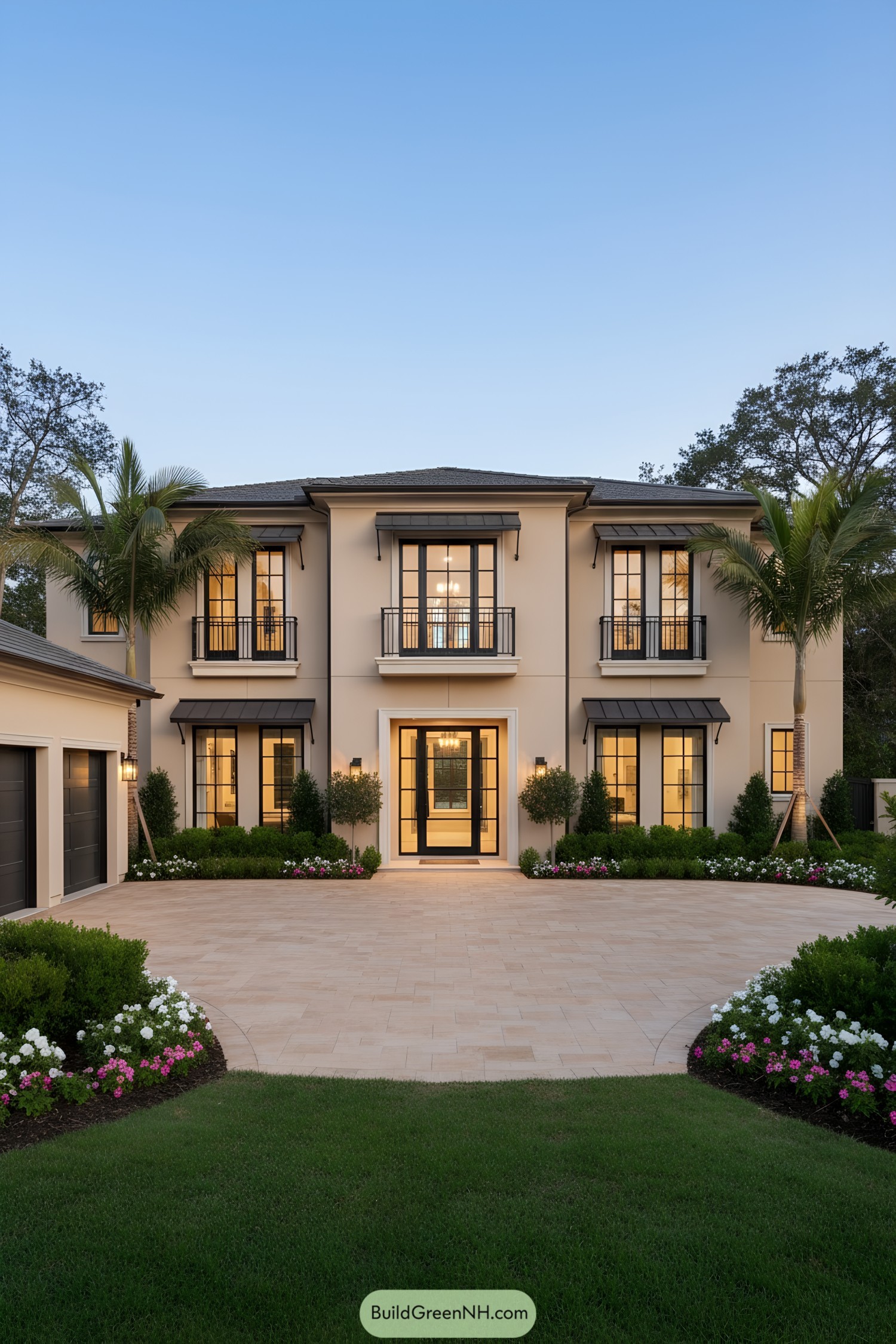 Two-story cream stucco villa with black metal windows, balconies, and palm-framed entry