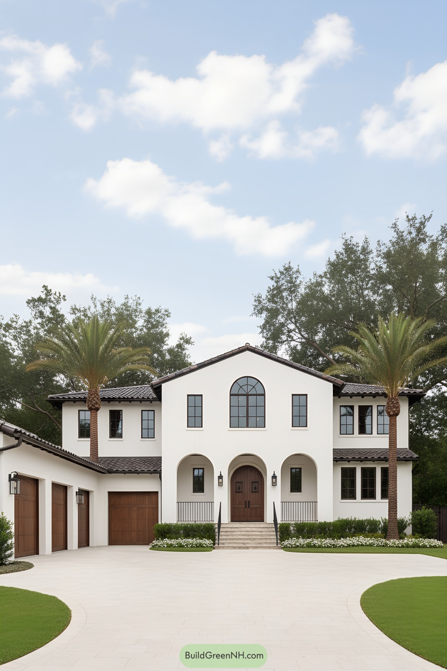 White stucco Mediterranean farmhouse with arched entry, dark clay-tile roof, and twin palms flanking a symmetrical facade