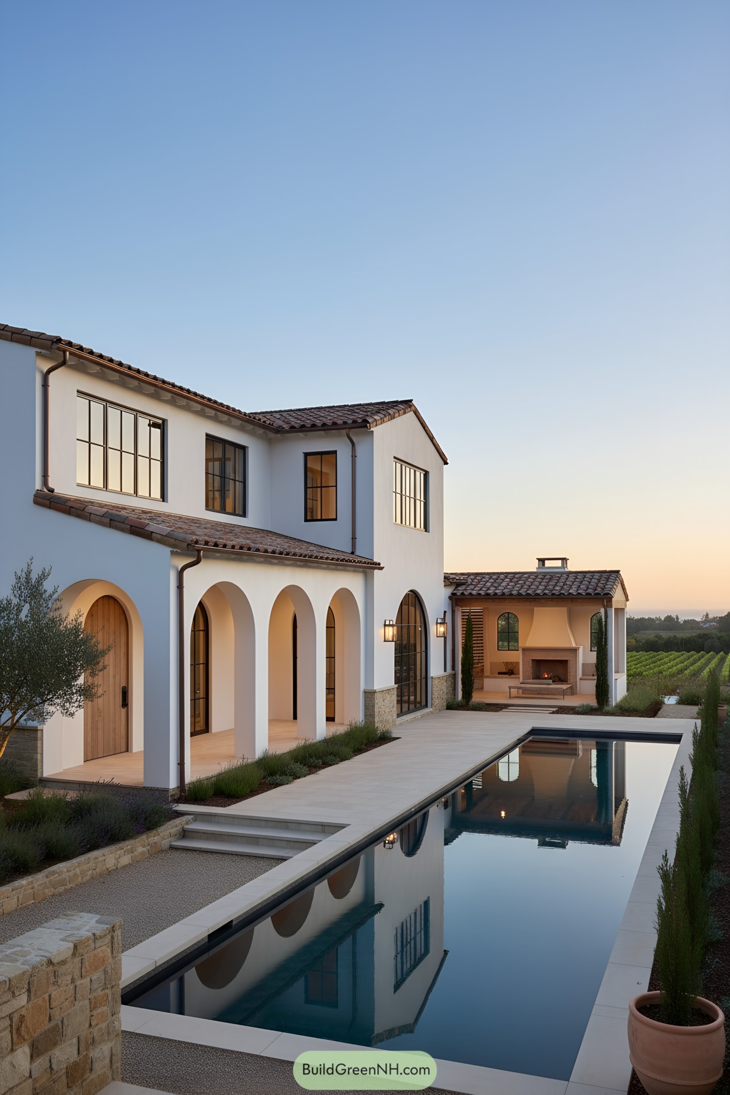 White stucco farmhouse with arches and long pool at sunset
