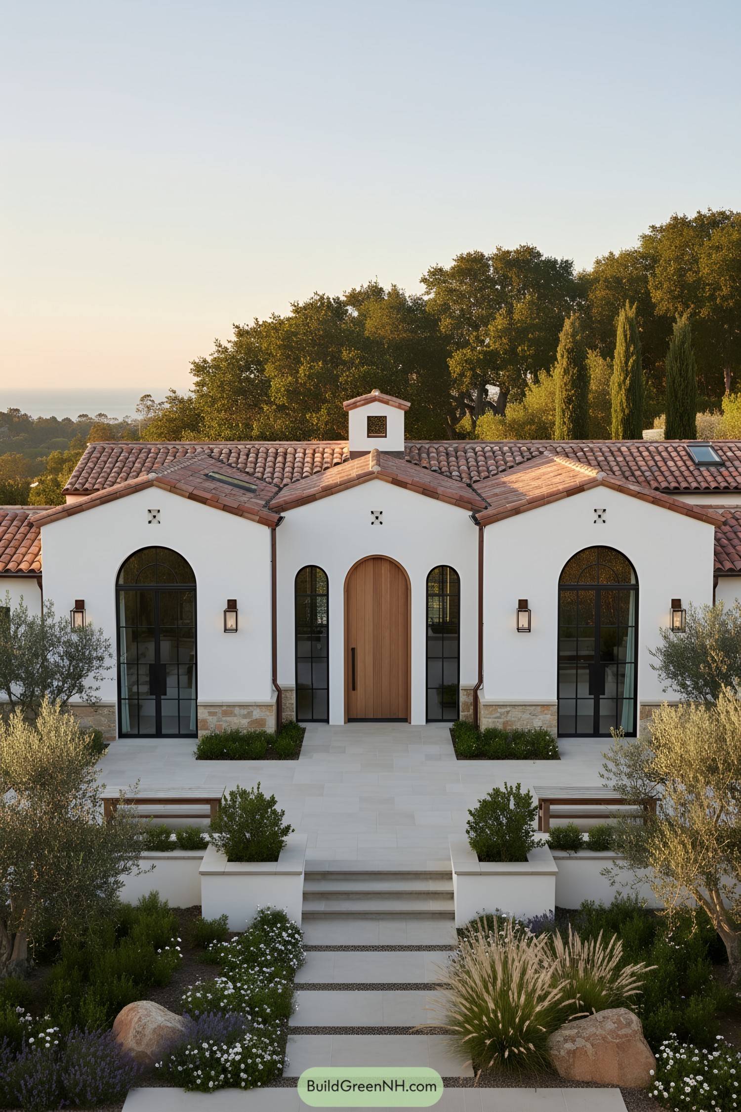 White stucco farmhouse with arched entry and terracotta roof