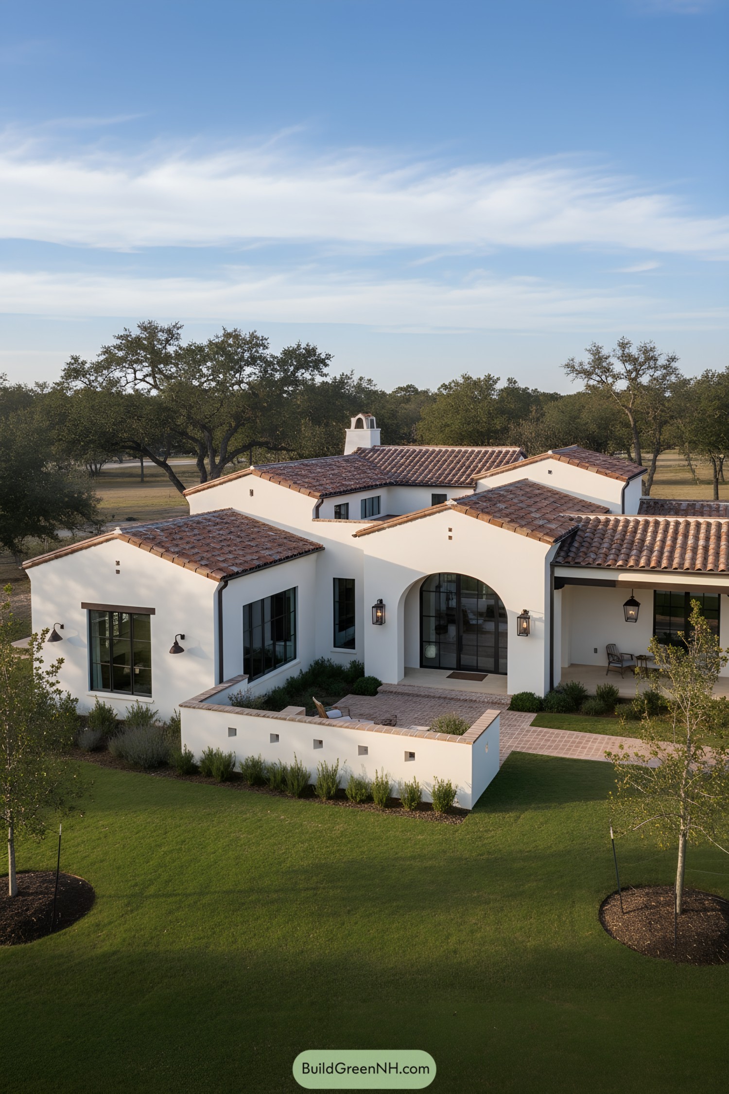 White stucco farmhouse with clay-tile roofs and arched entry