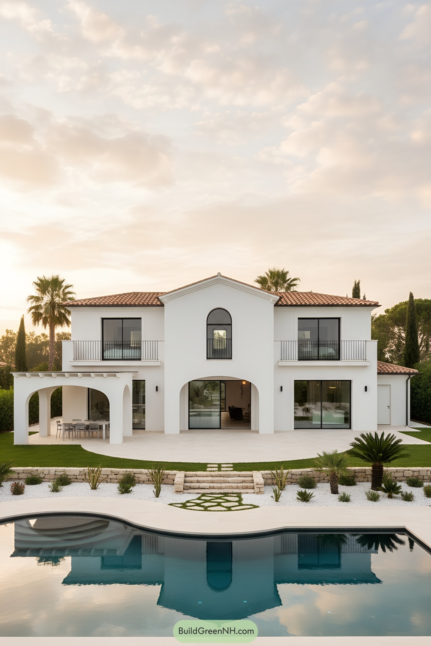 White stucco villa with arches, balconies, and a curving pool in front