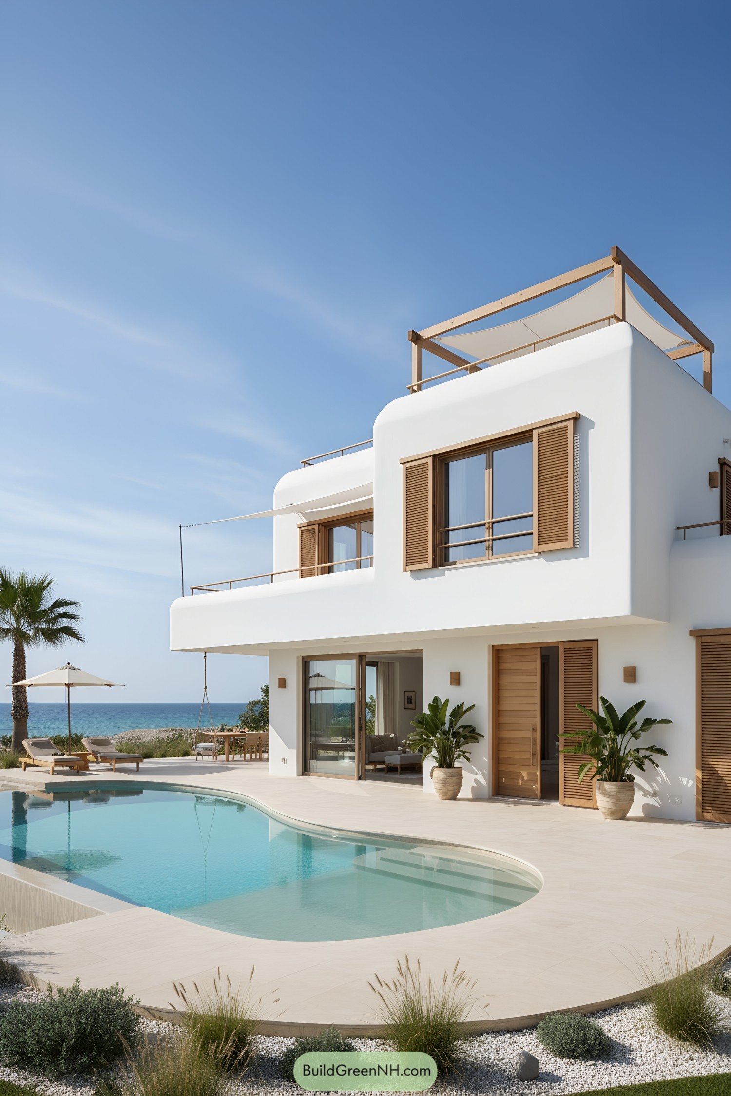 White stucco villa with curved pool and wood shutters by the sea
