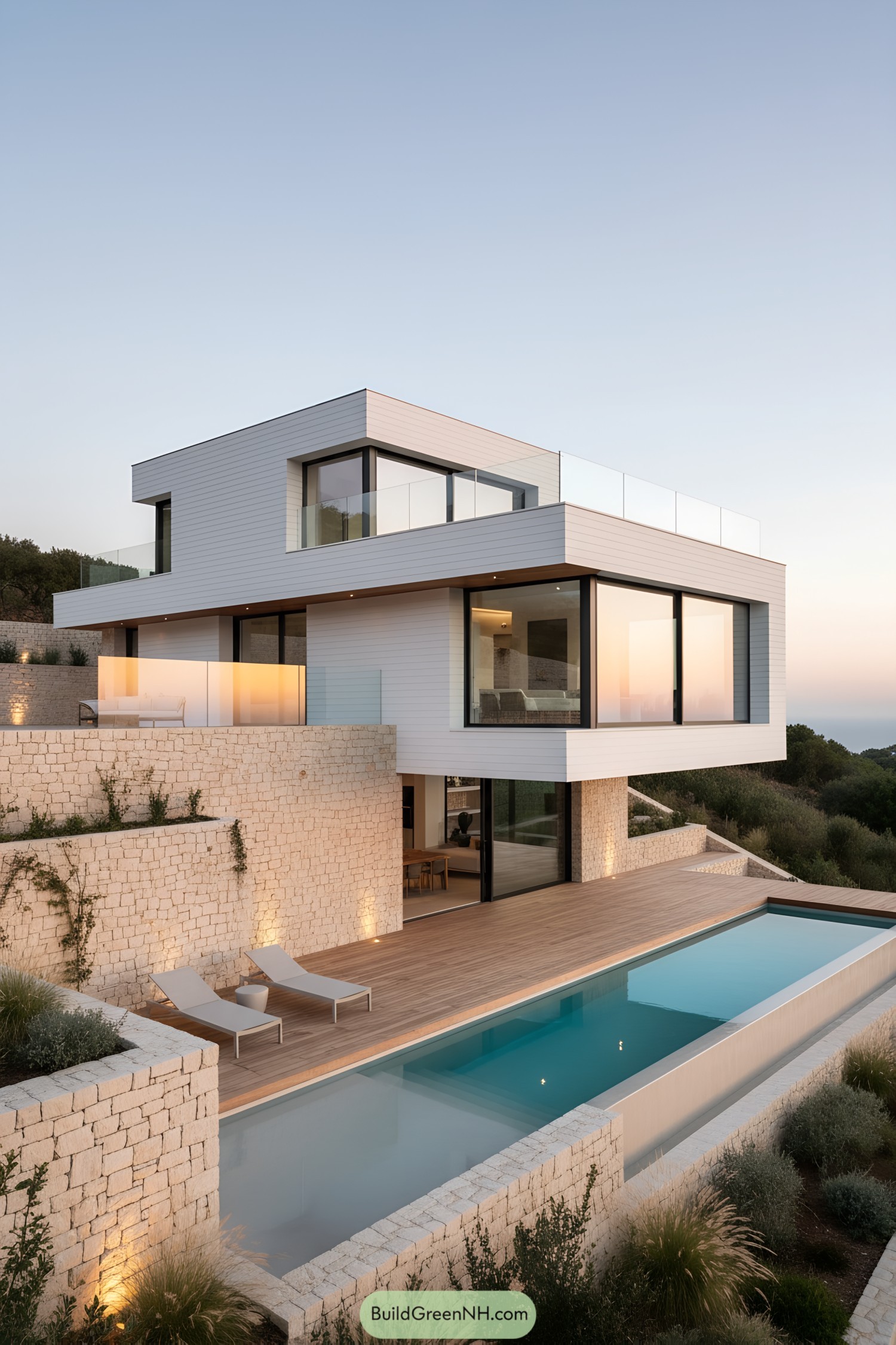Modern stepped villa with cantilevered volumes and lap pool