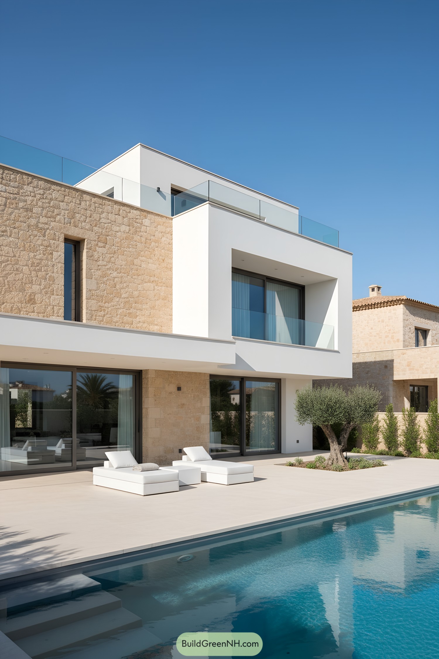 Modern Mediterranean villa with stone and white volumes by a pool