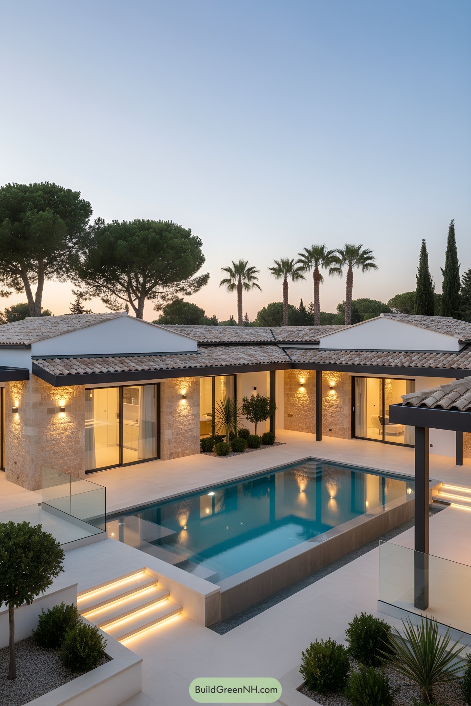 Modern Mediterranean villa with illuminated courtyard pool at dusk