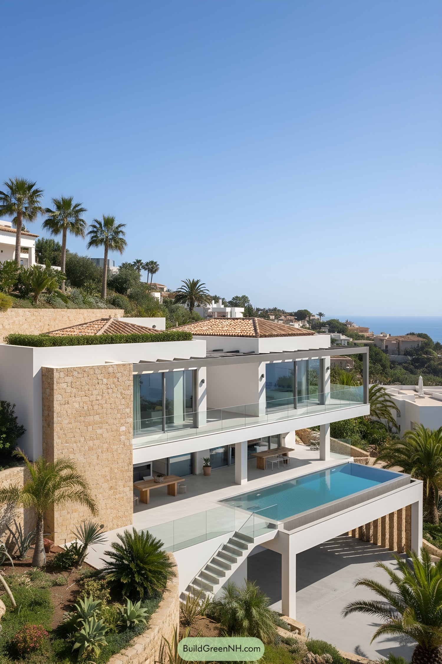 Modern white hillside villa with glass walls and infinity pool