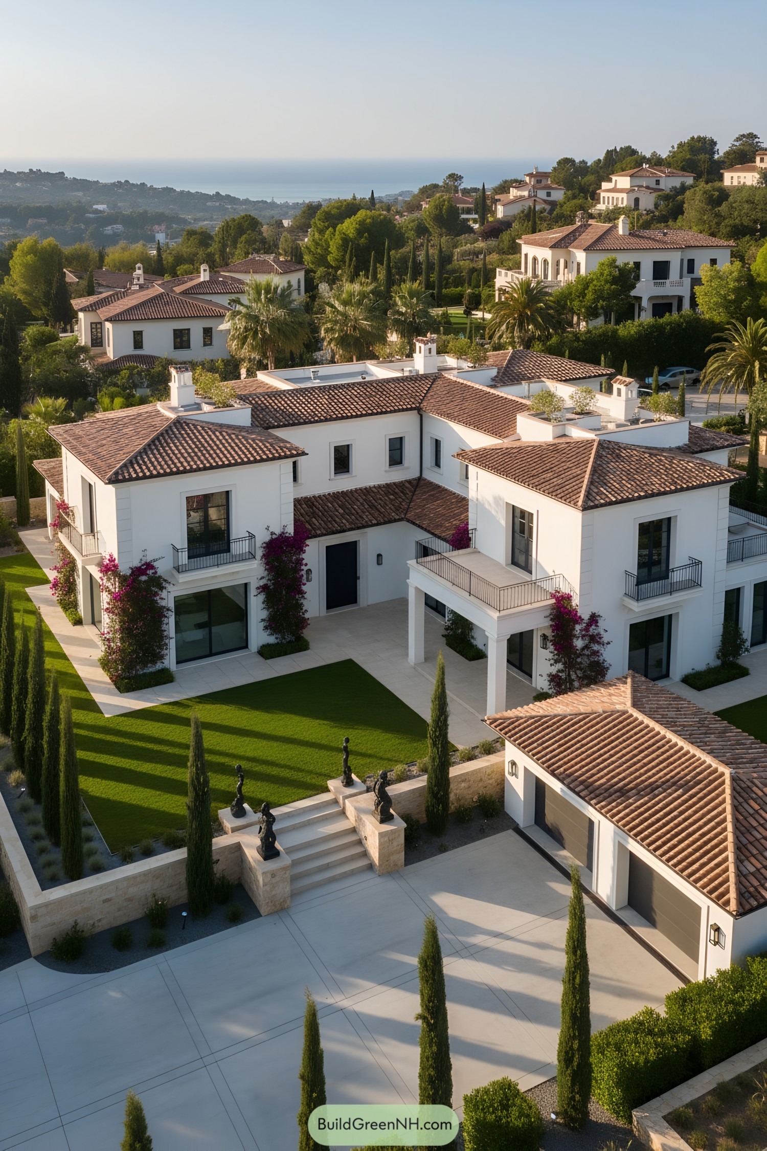 White stucco villa with terracotta roofs and formal courtyard