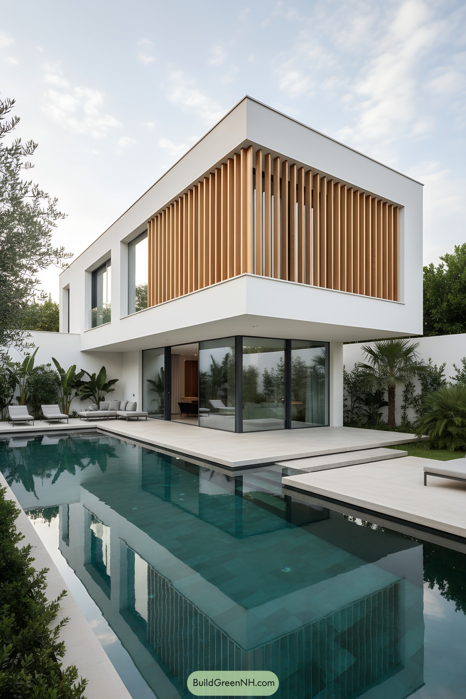 Modern white villa with cedar slats and linear pool