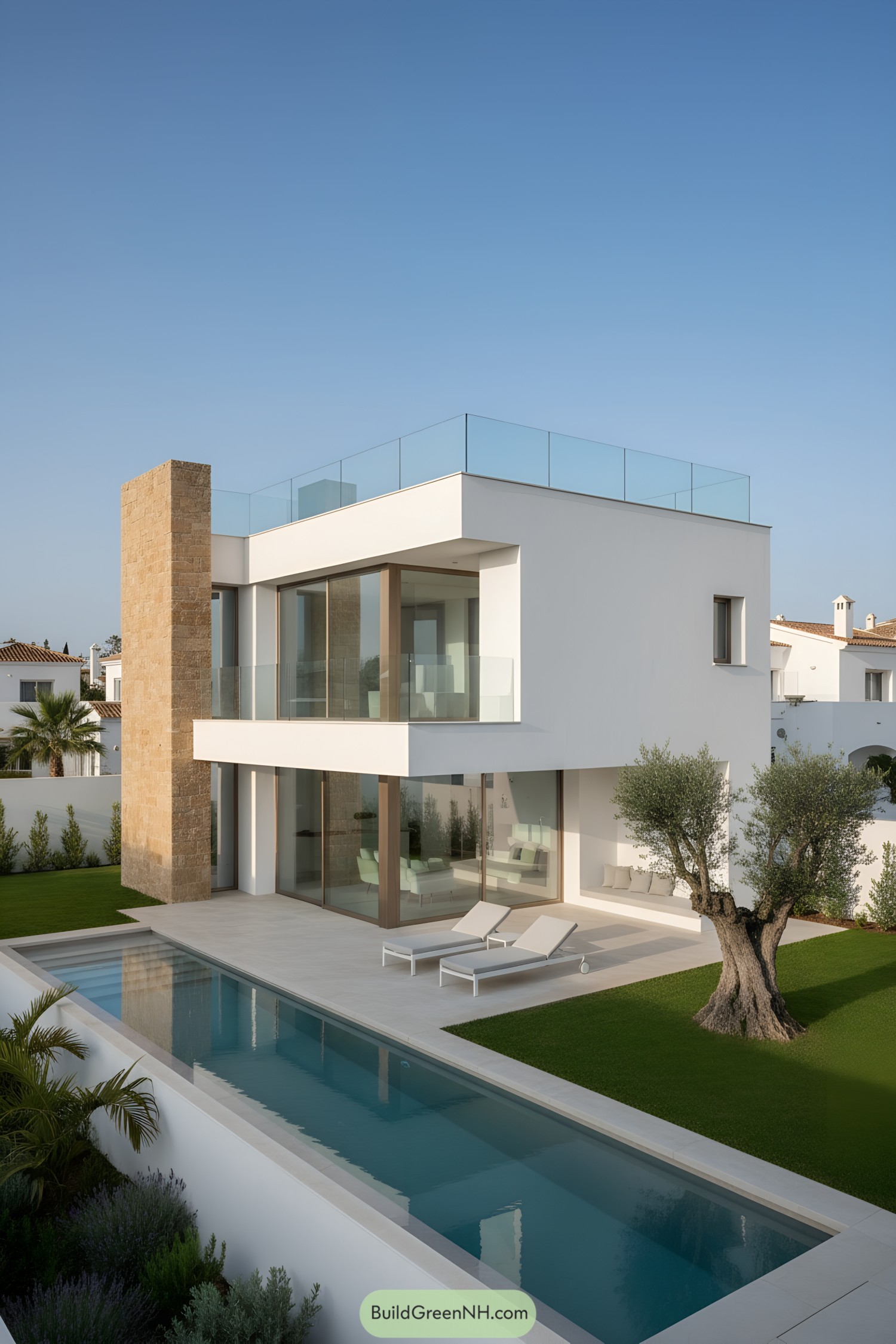 Modern white villa with pool and stone tower