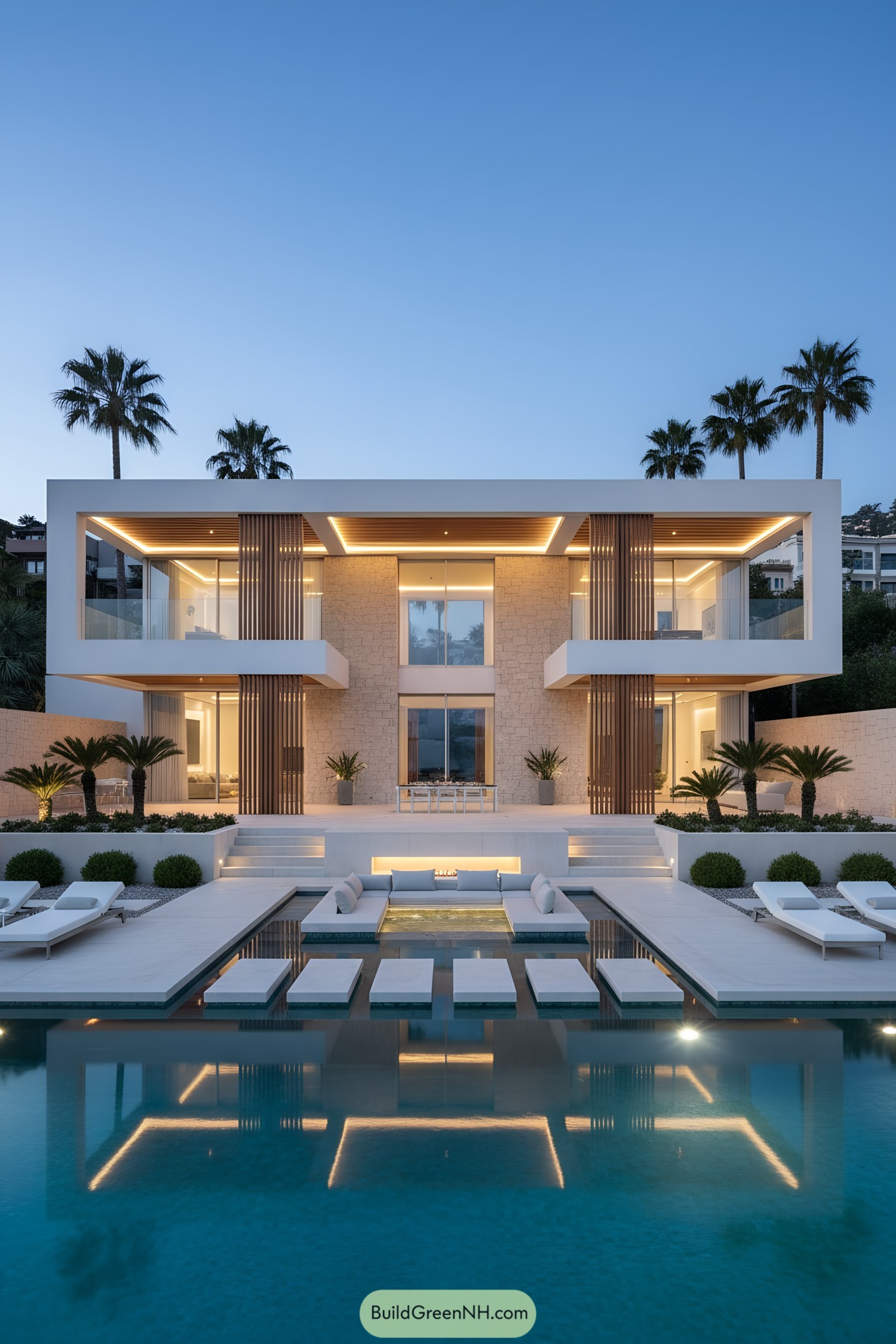 Modern white villa with floating-step pool lounge