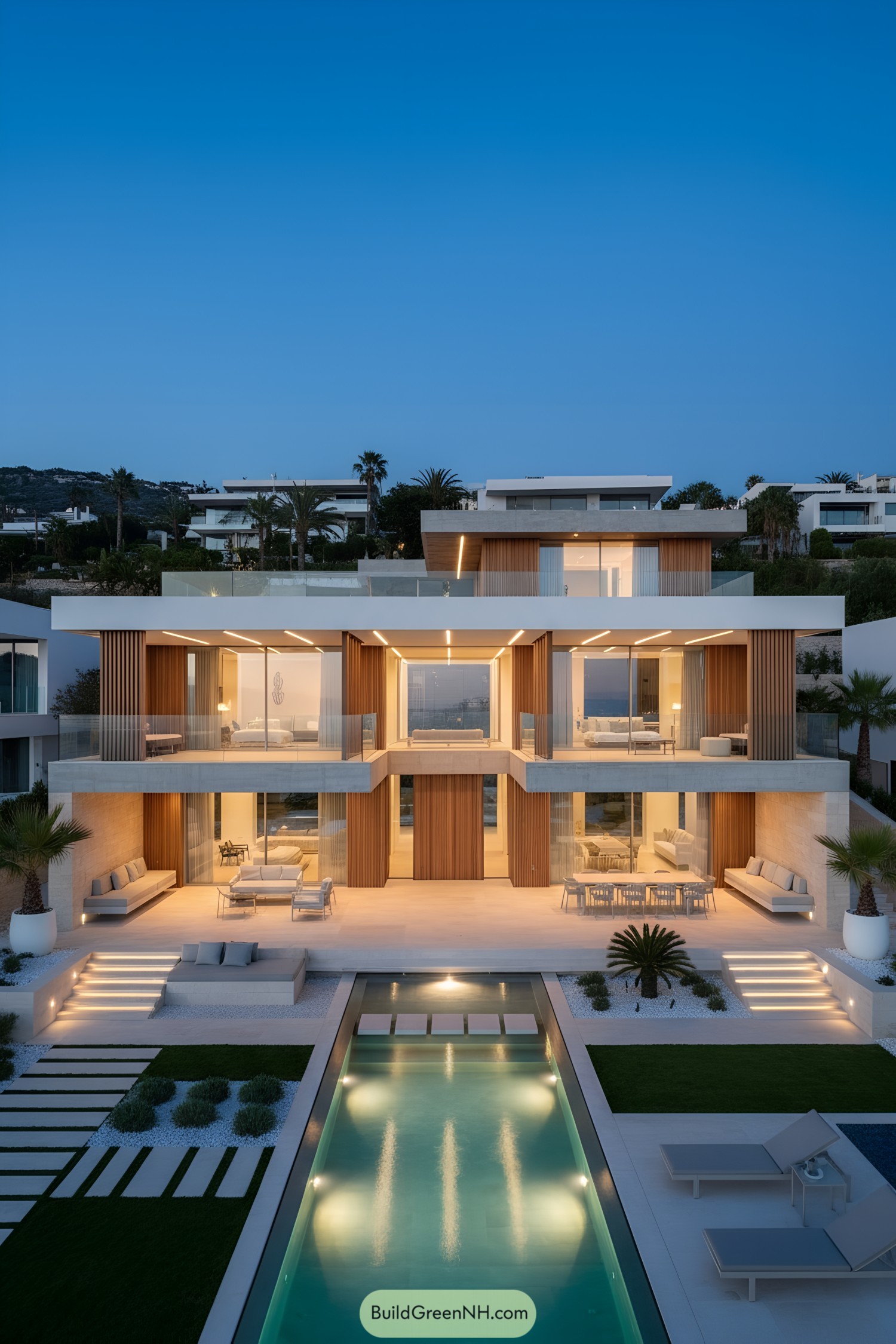 Modern Mediterranean villa with tiered terraces, wood slats, and a long pool at dusk