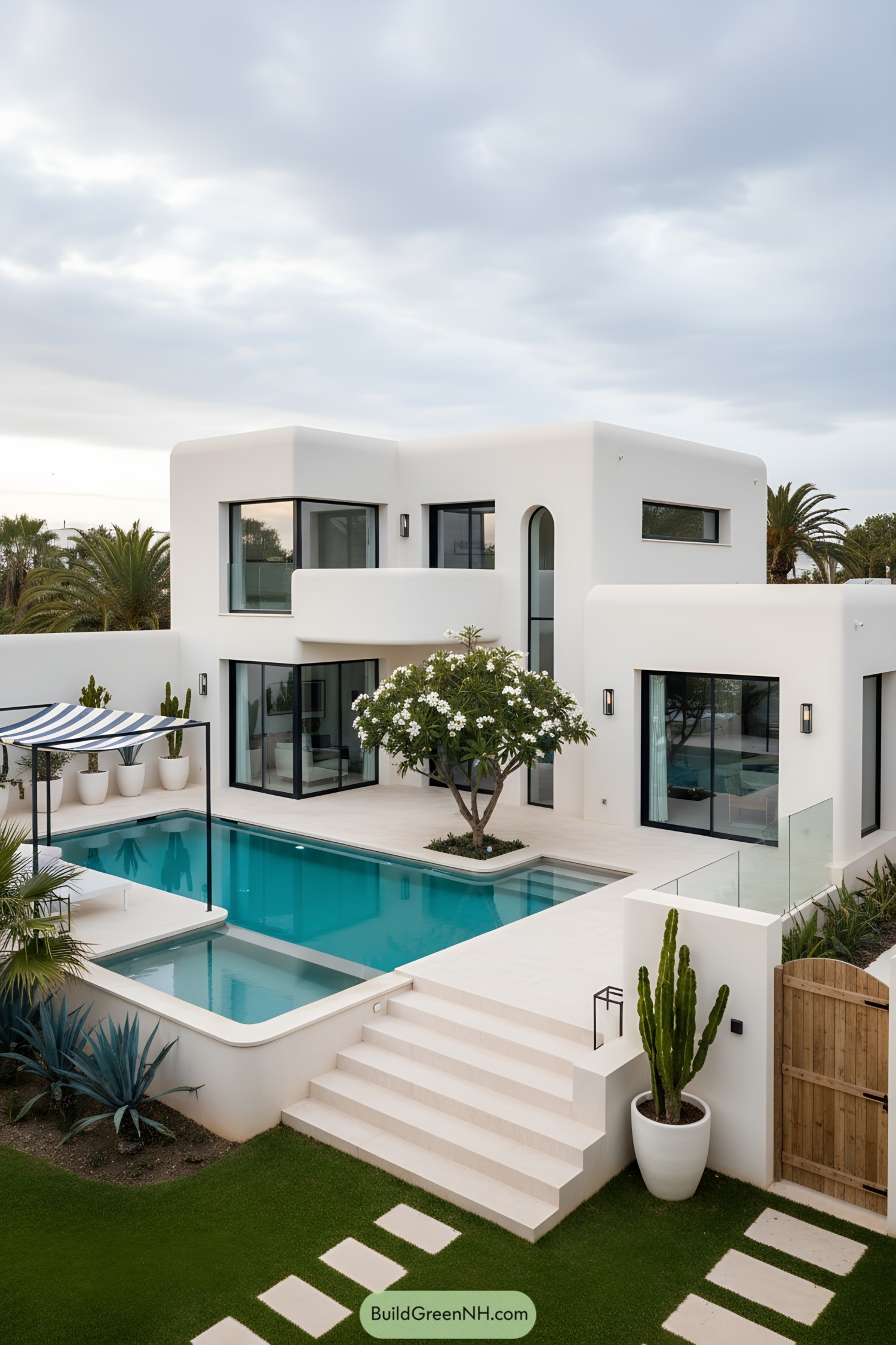 White cubic villa with pool courtyard and striped pergola