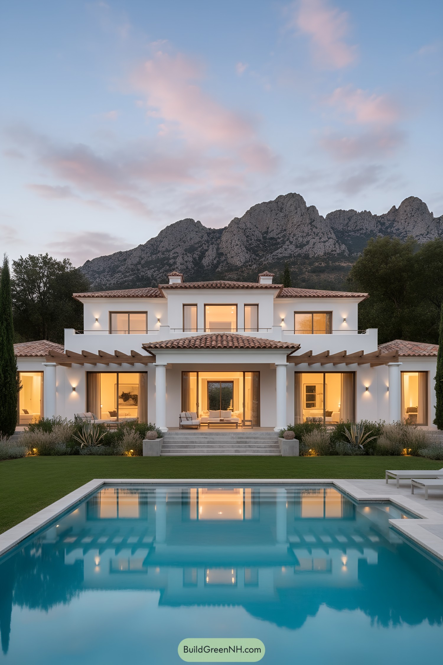 Two-story white villa with terracotta roofs, deep verandas, and a rectangular pool reflecting the façade at dusk