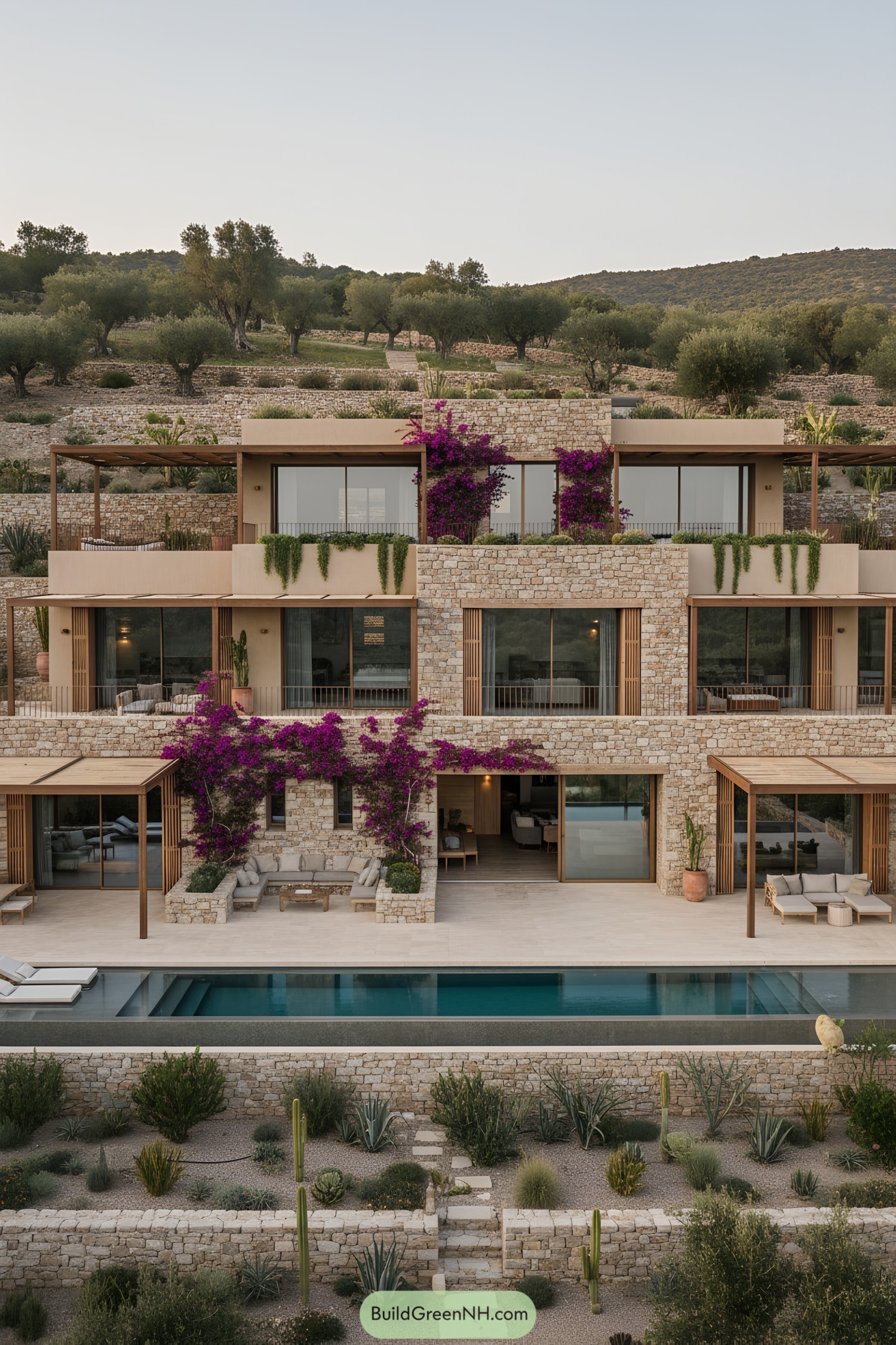Three-story stone villa with pergolas, pool, and flowering vines
