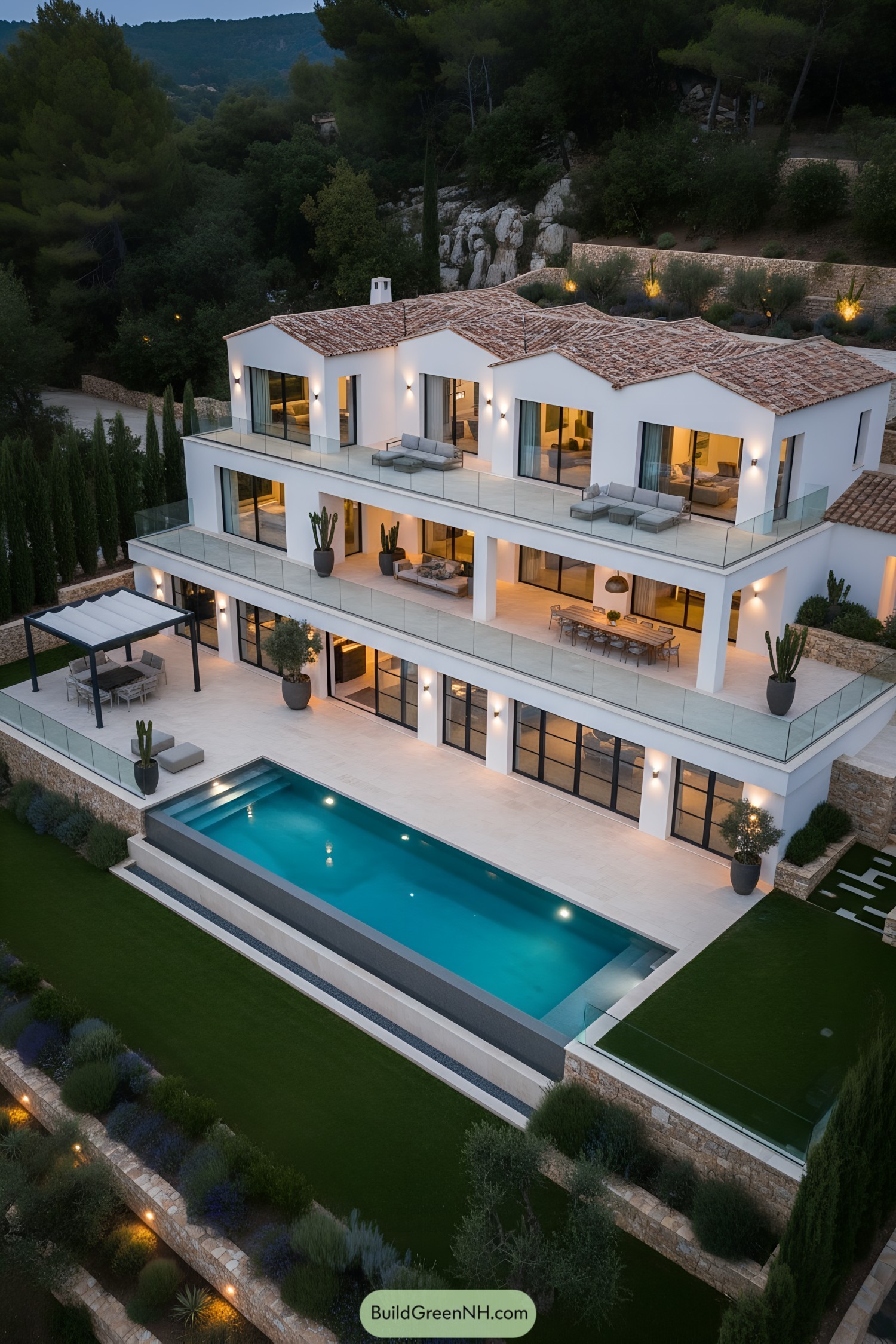Terraced white villa with pool at dusk