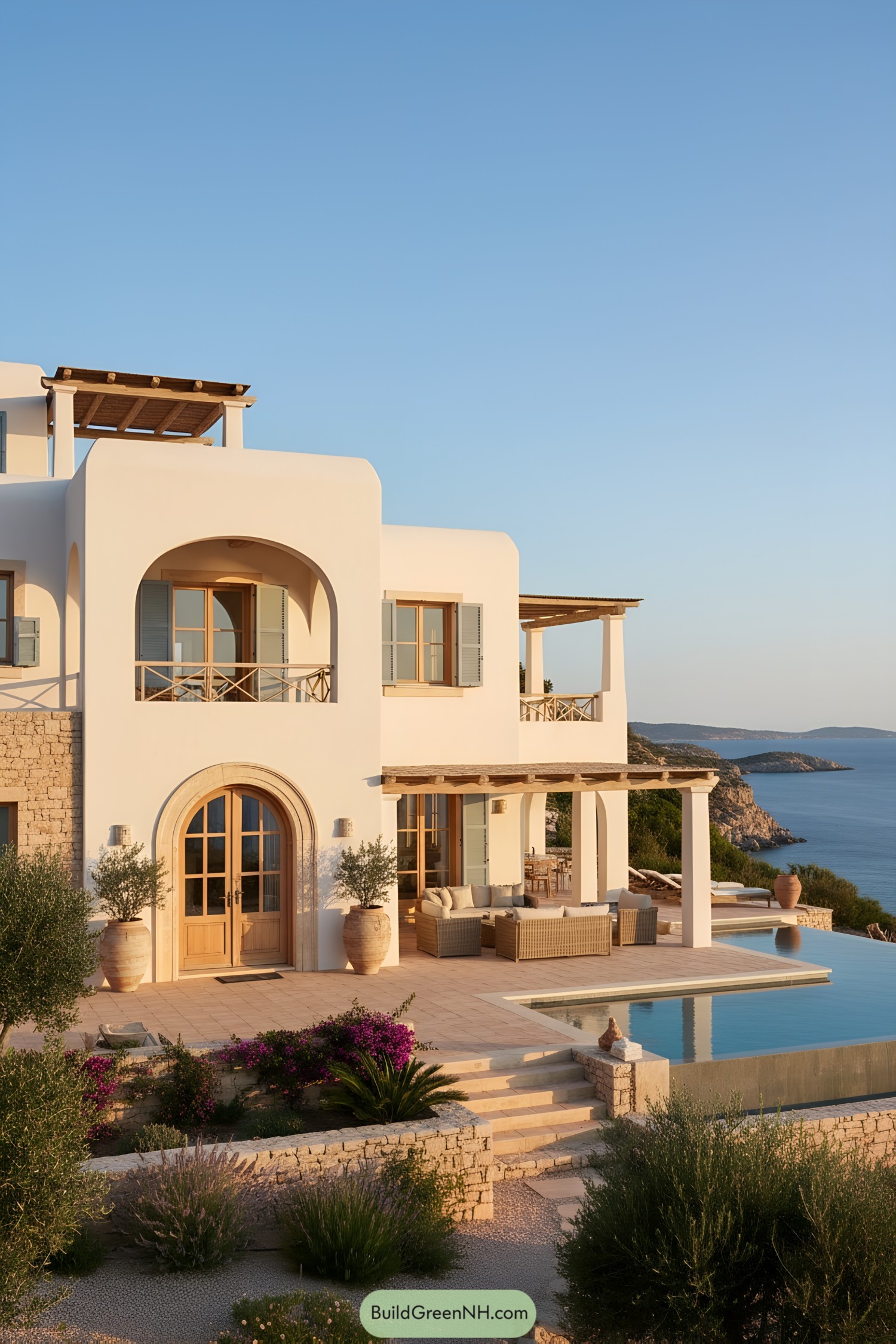 Mediterranean villa with arches, terraces, and infinity pool overlooking the coast