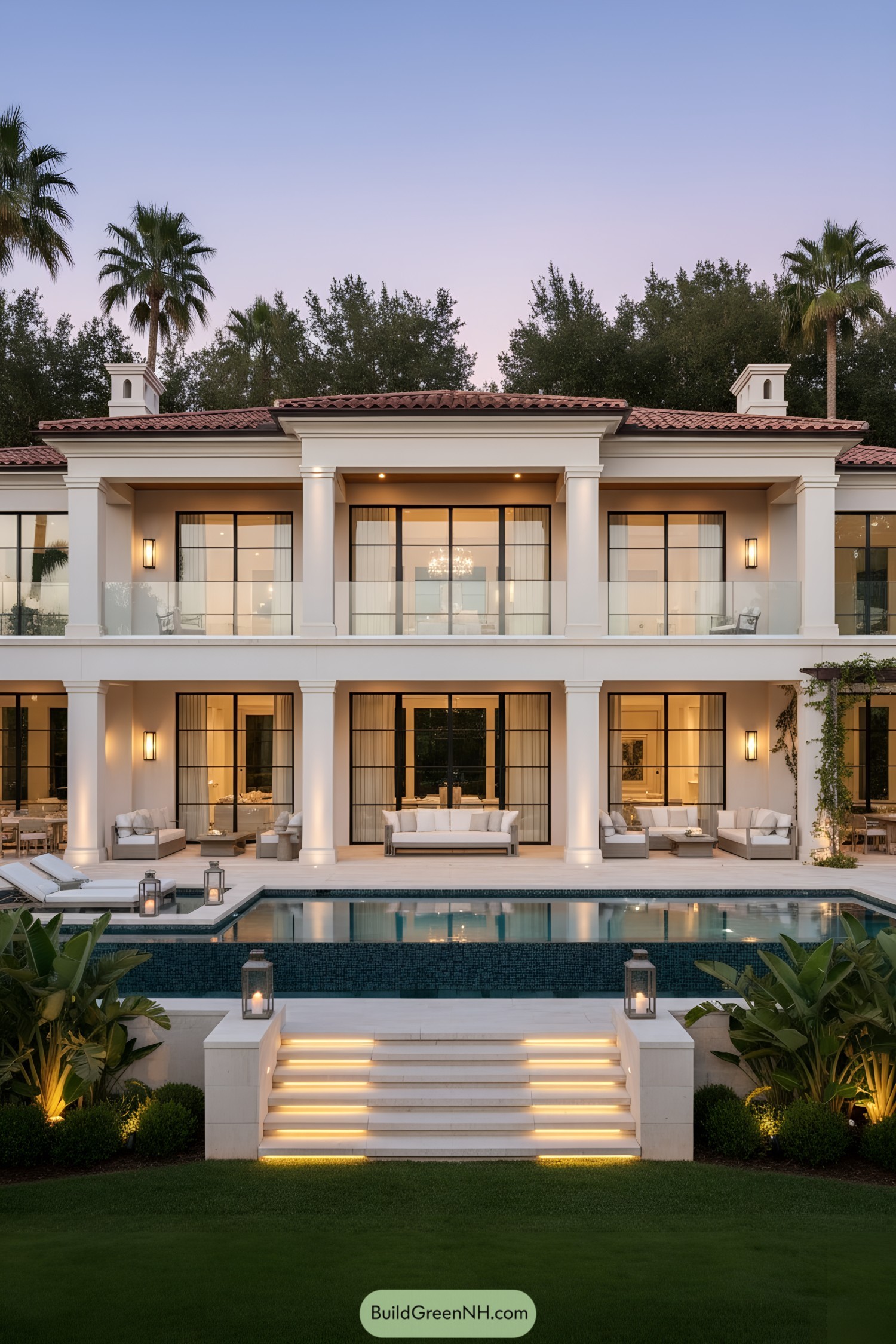 Two-story Mediterranean villa with columns, glass railings, and a glowing pool terrace at dusk