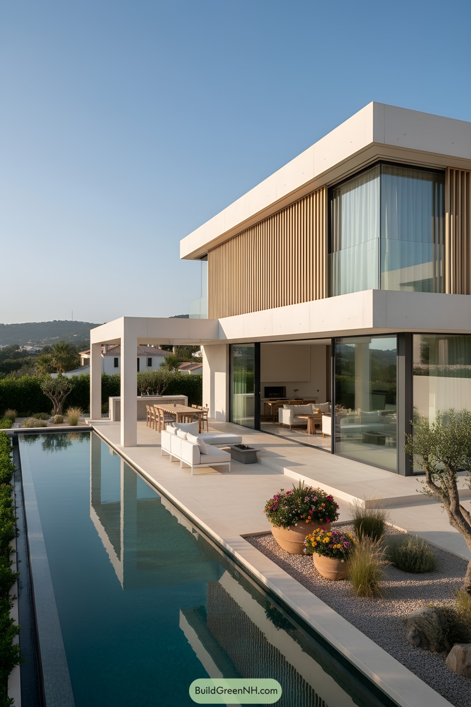 Modern villa with linear pool and slatted facade