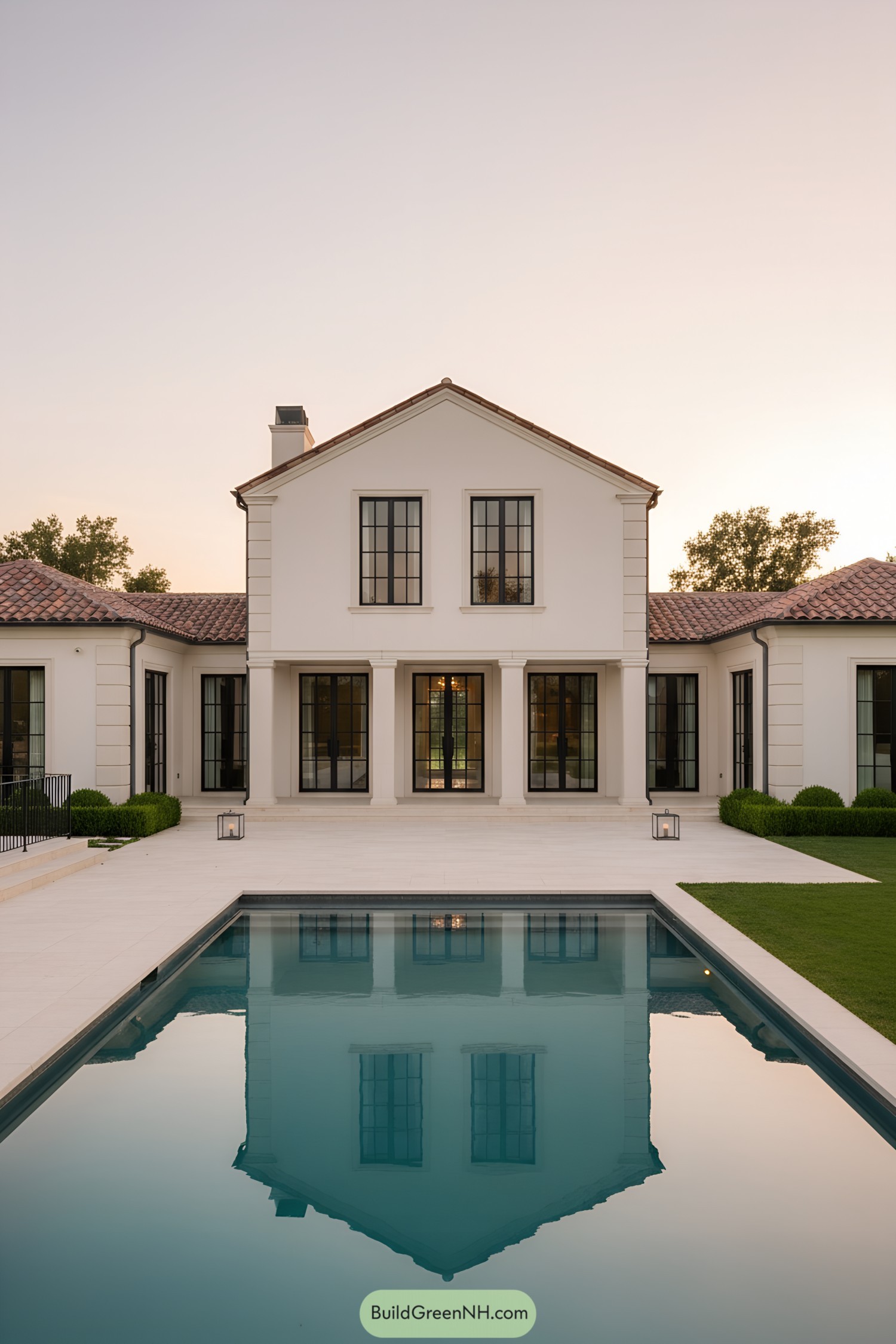 Mediterranean villa with central pool at dusk