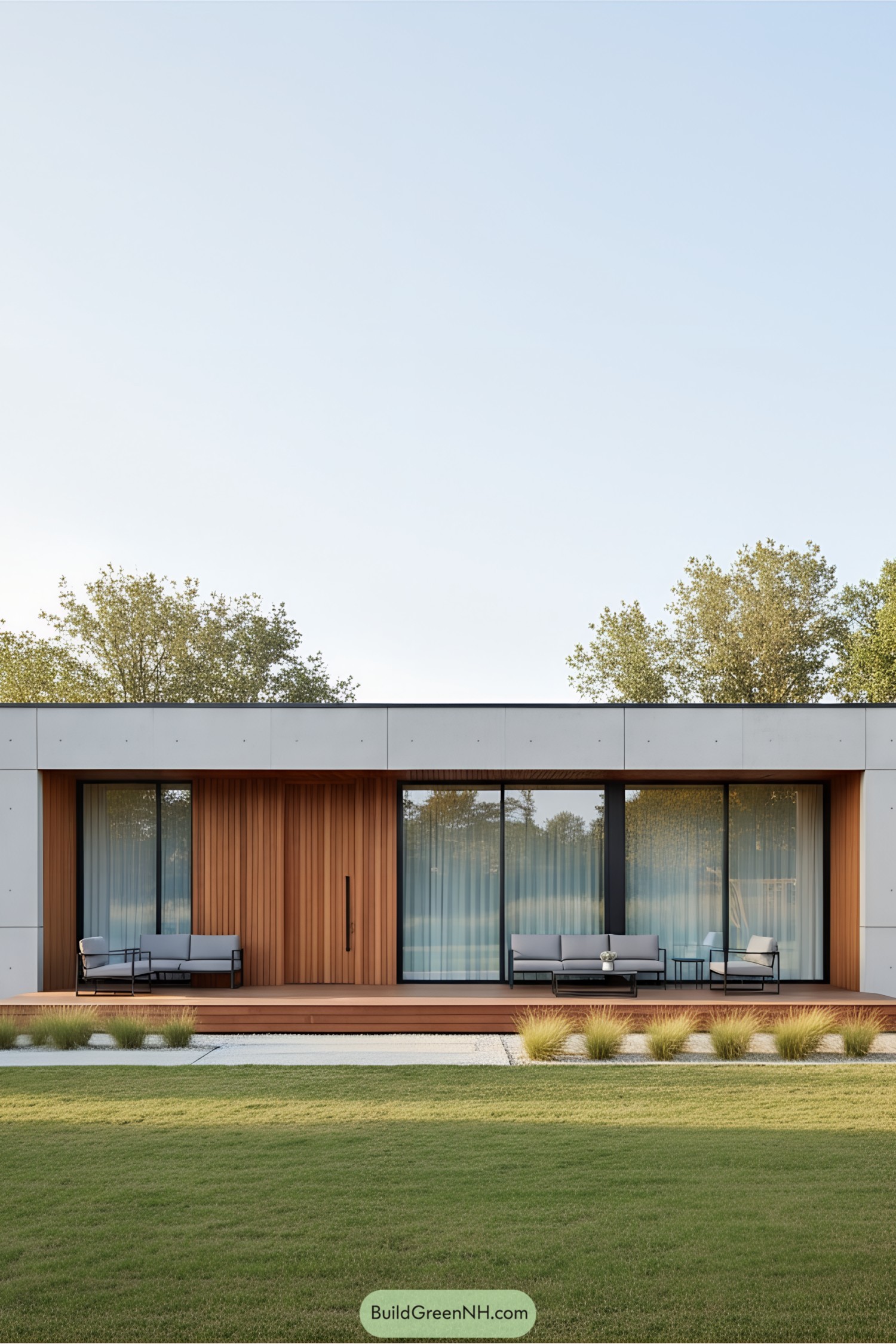 Modern house with wooden accents and large glass windows