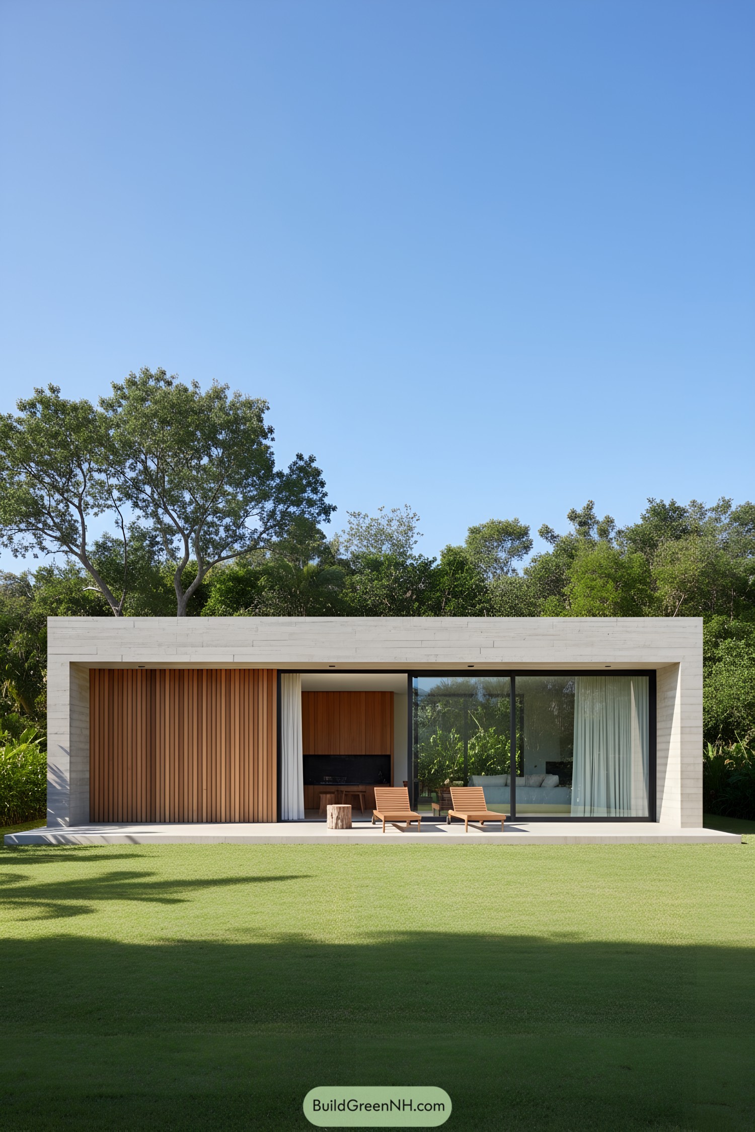 Modern house with wooden panels and glass facade