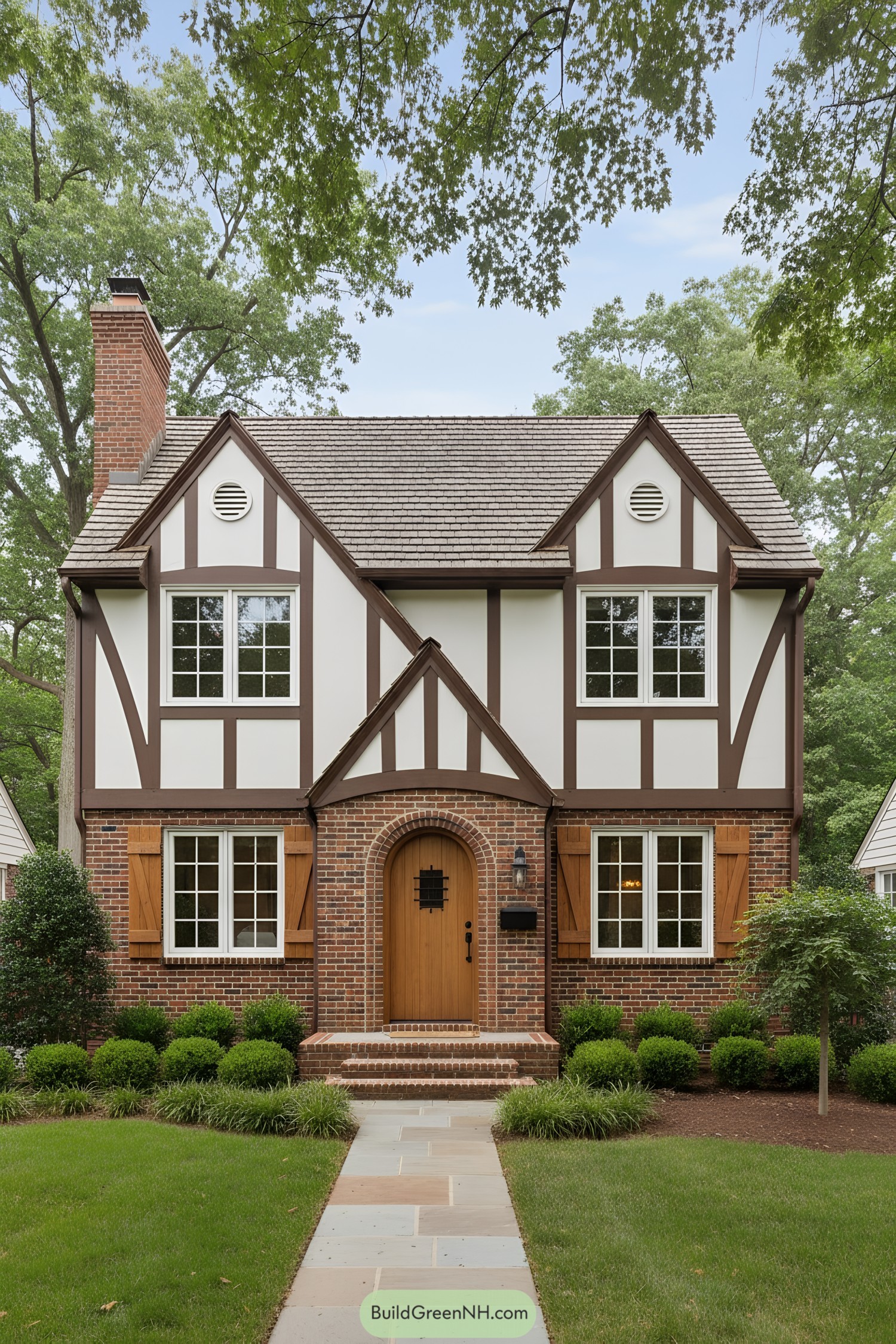 Two-story Tudor cottage with brick base and half-timbered gables