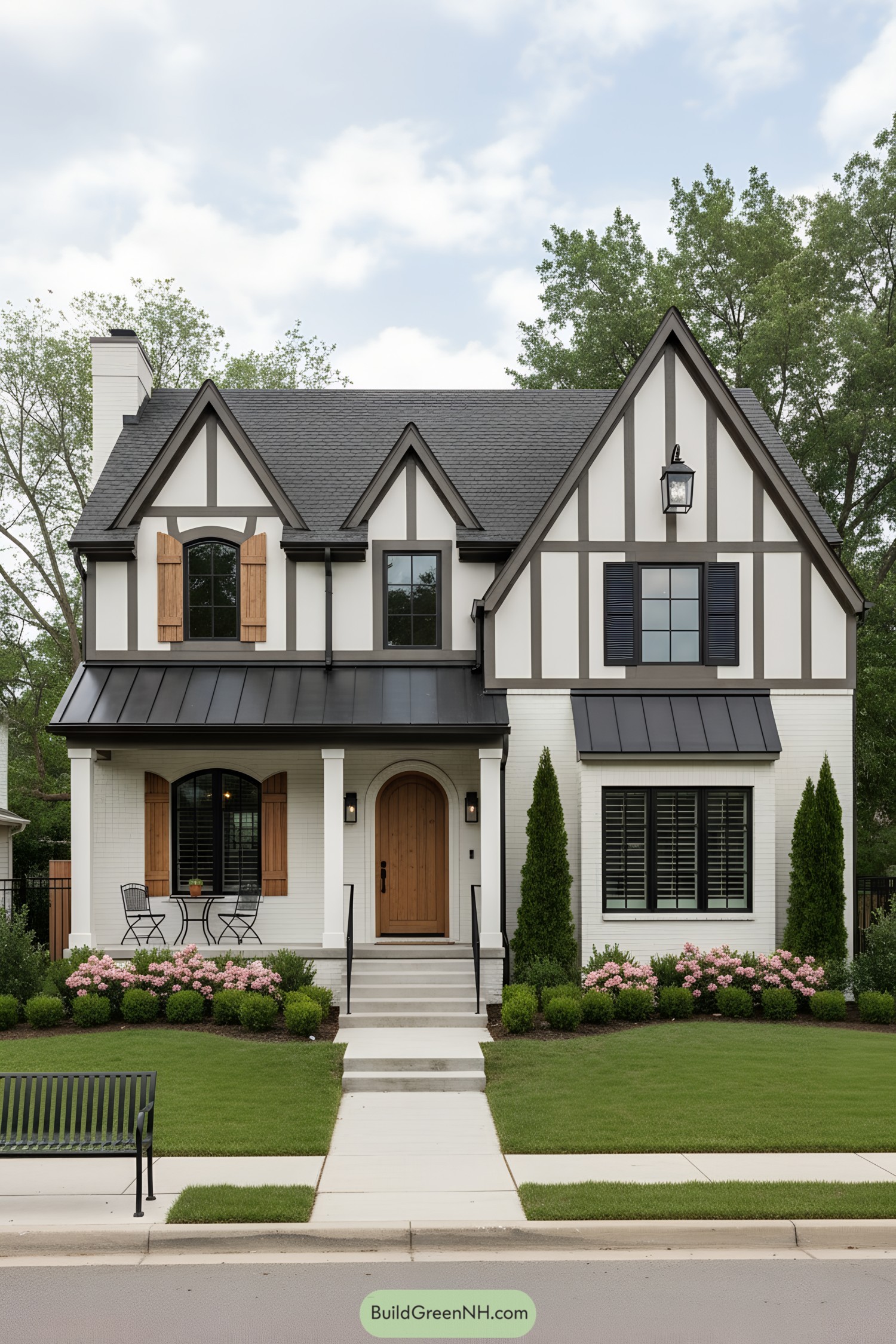 Cream brick Tudor with black trim, arched oak door, steep gables, and wood shutters