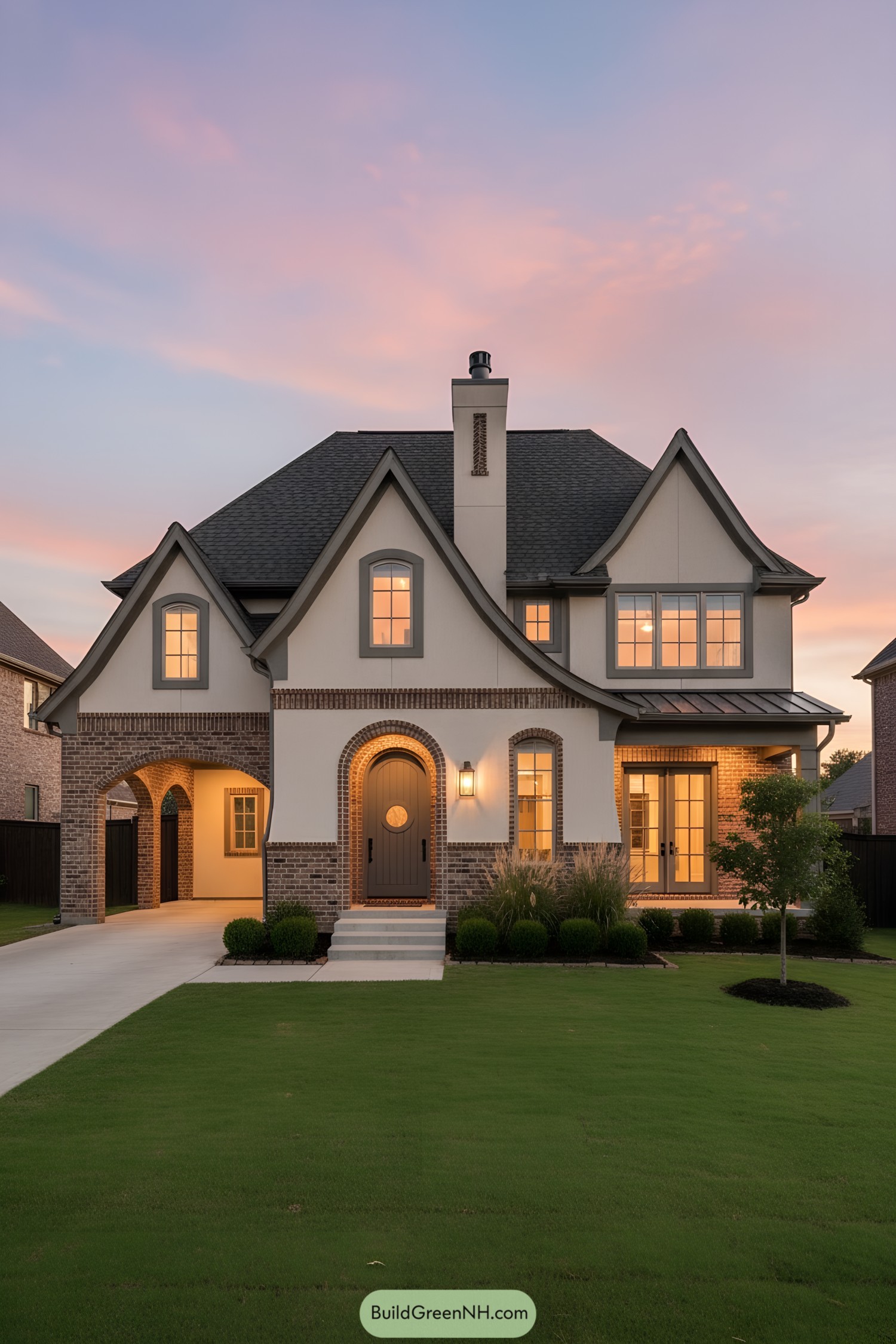 Modern Tudor with curved gables, arched carriage porch, and brick-stucco façade