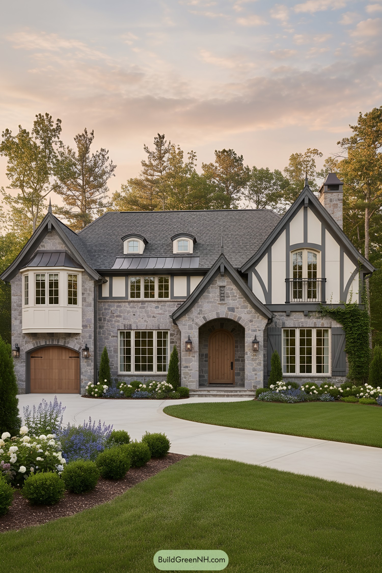 Stone Tudor with arched entry, dormers, curved bay, and Juliet balcony