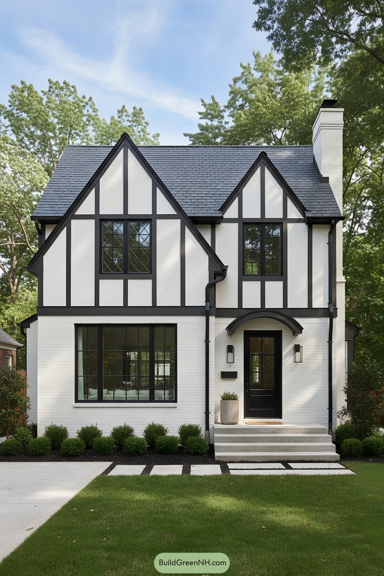 White brick Tudor with black timbering and slate roof