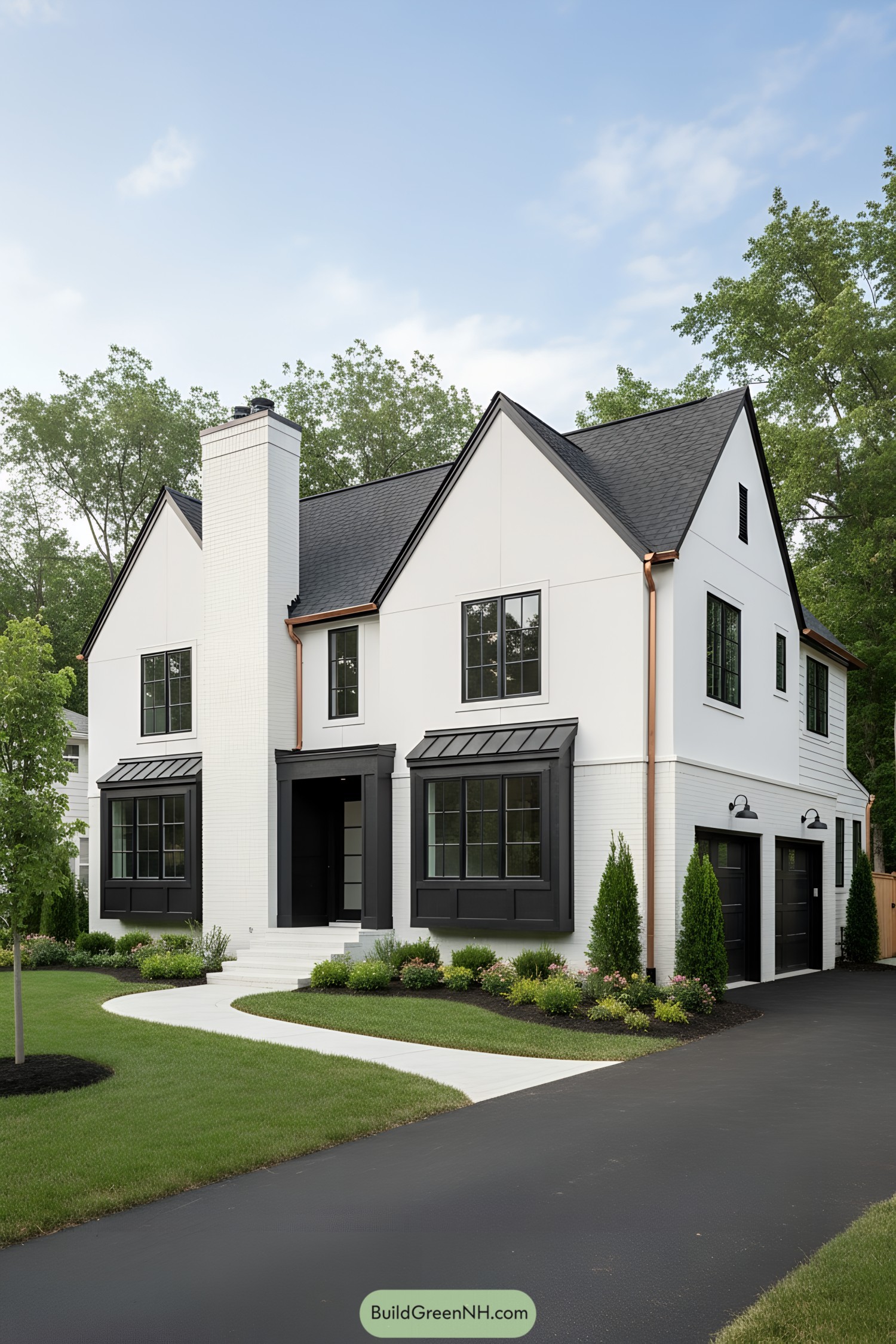 Modern Tudor with white brick, black windows, copper gutters, and twin gables