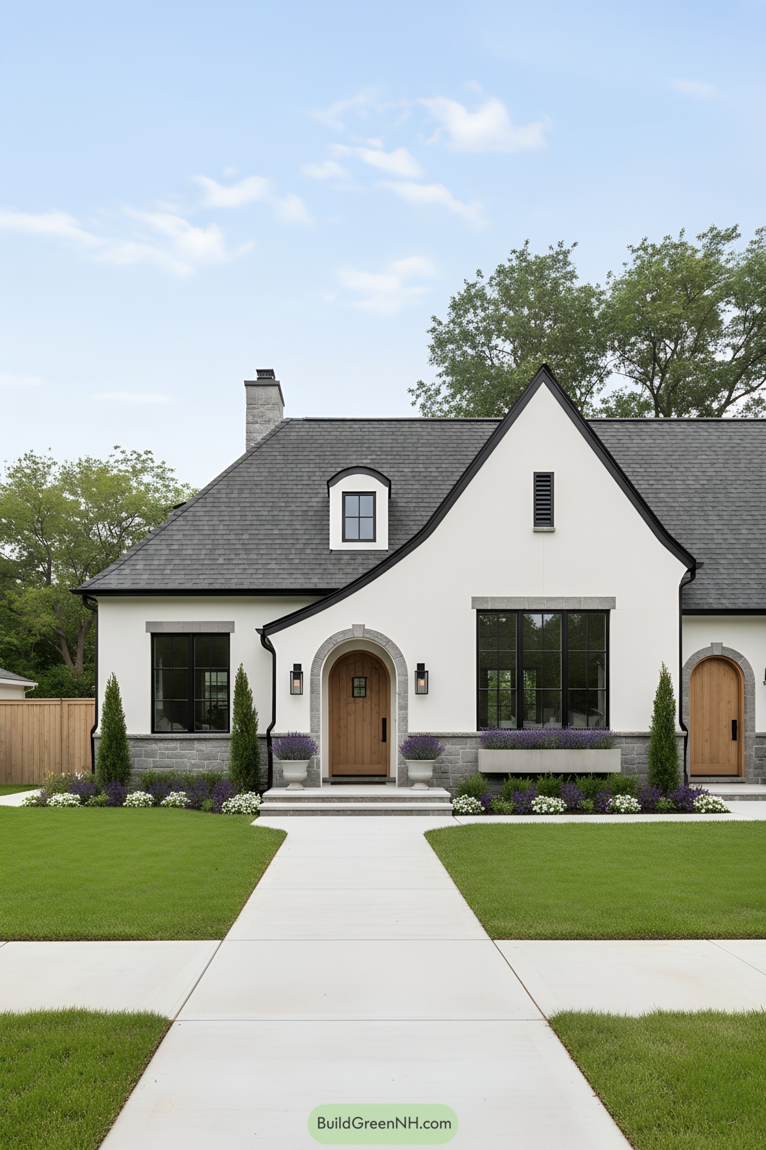 Modern Tudor with slate roof, arched wood doors, and black windows