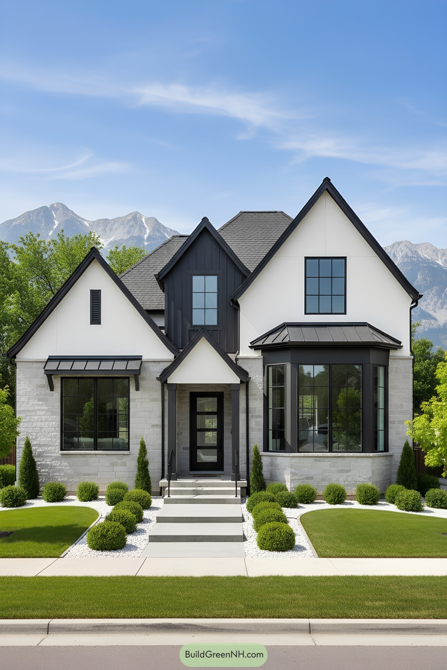 Modern Tudor with steep black-trimmed gables, light stone base, and bay window