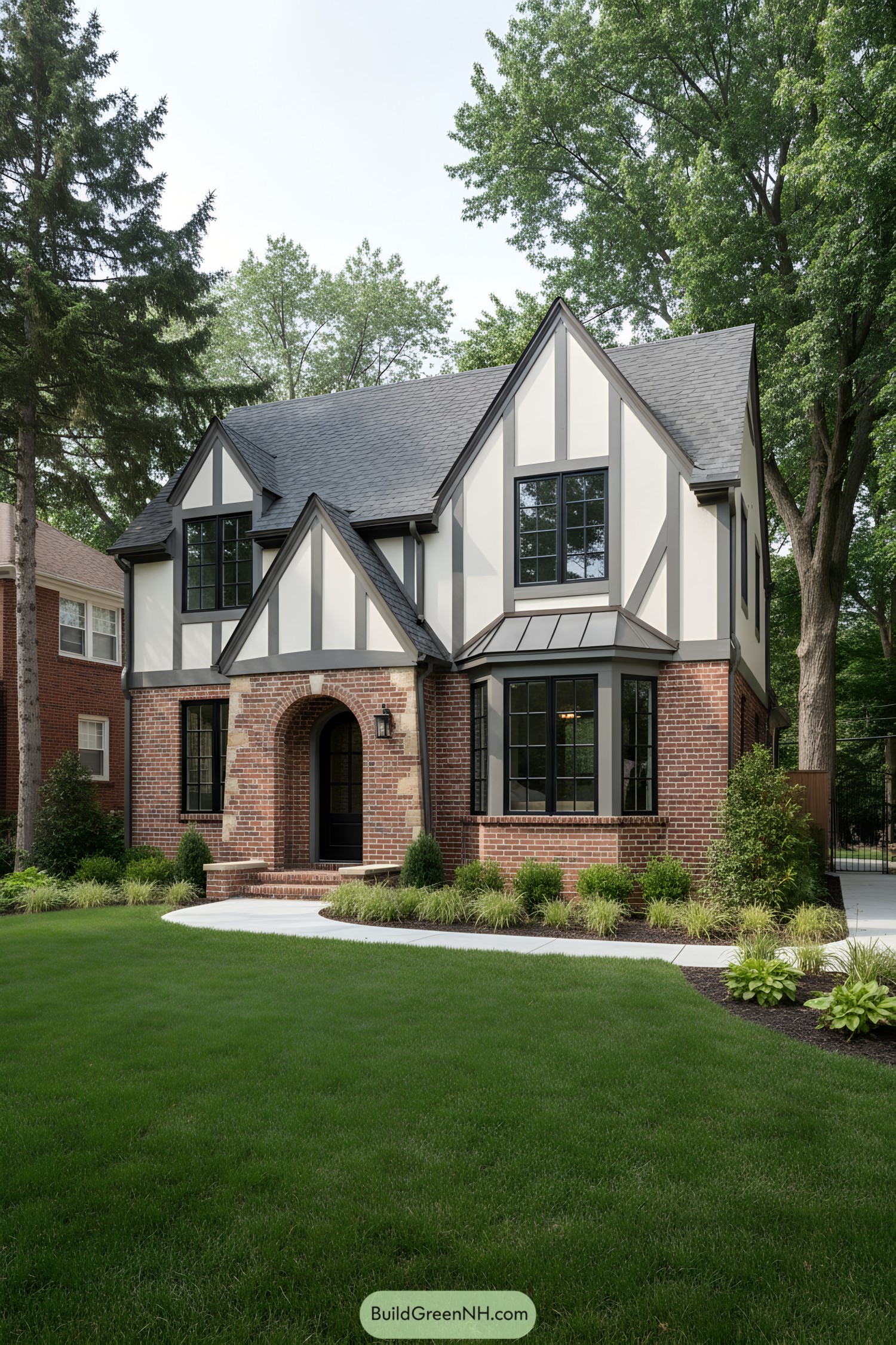 Two-story brick-and-stucco Tudor with arched entry and black windows