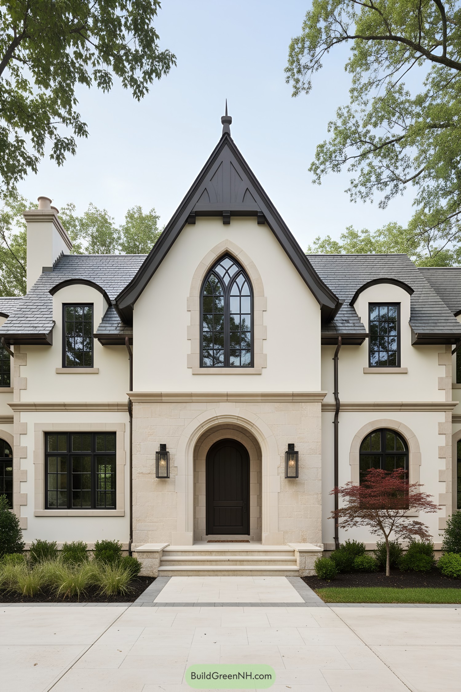 Cream stucco Tudor with slate gables and arched entry
