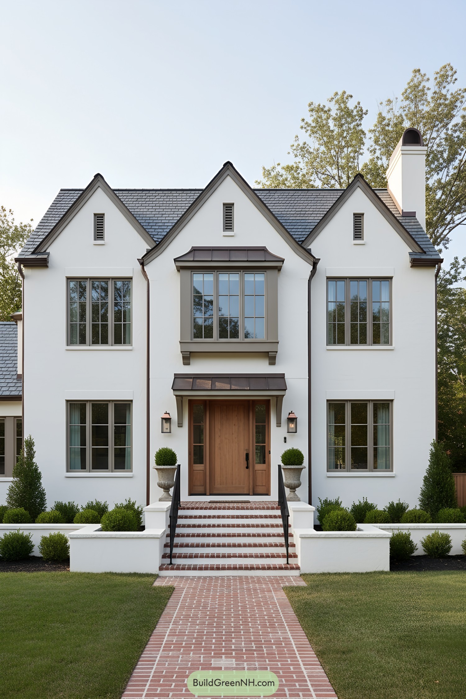 White stucco Tudor with three gables, metal awnings, and a wood door