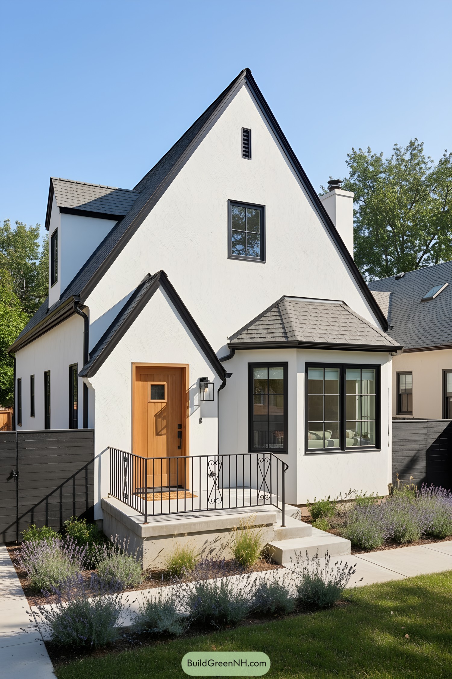 White modern Tudor with black trim, bay window, and wood door