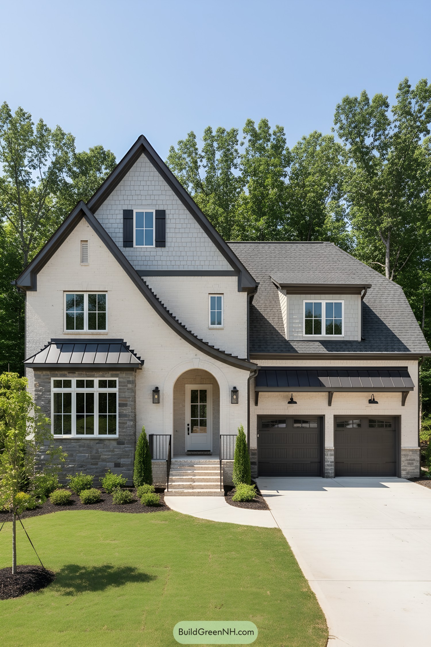Ivory brick Tudor with steep gables, black awnings, and a two-car garage