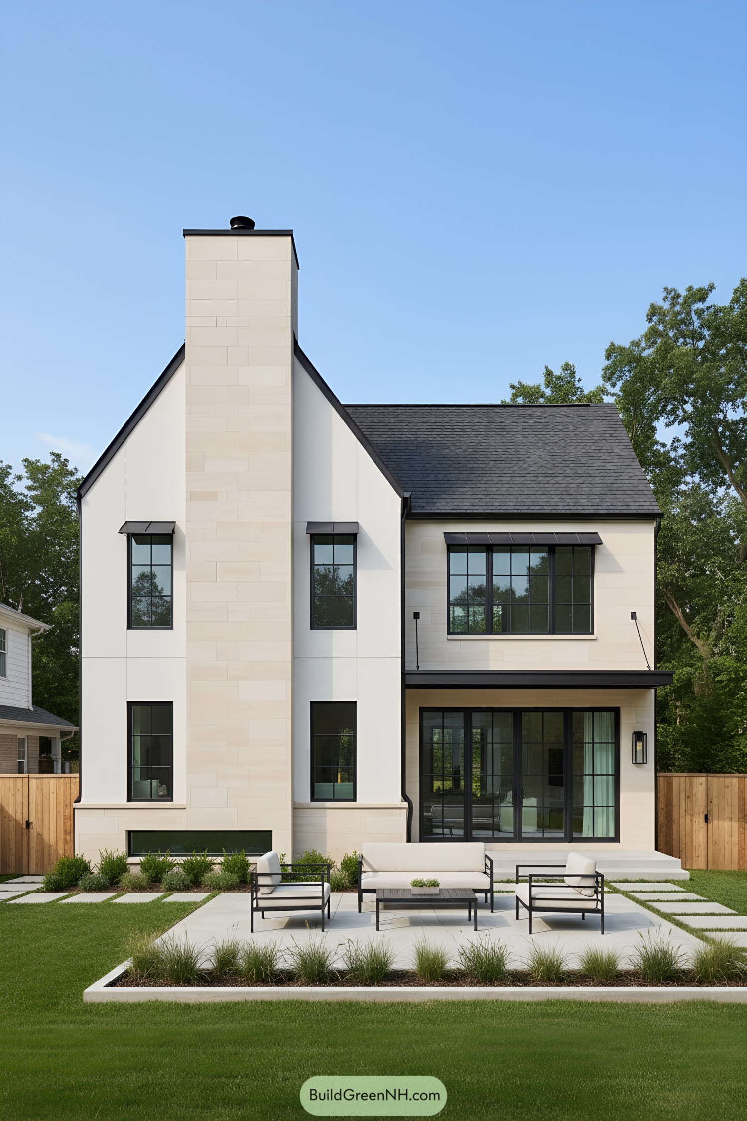Modern Tudor home with tall limestone chimney, black-framed windows, and patio seating