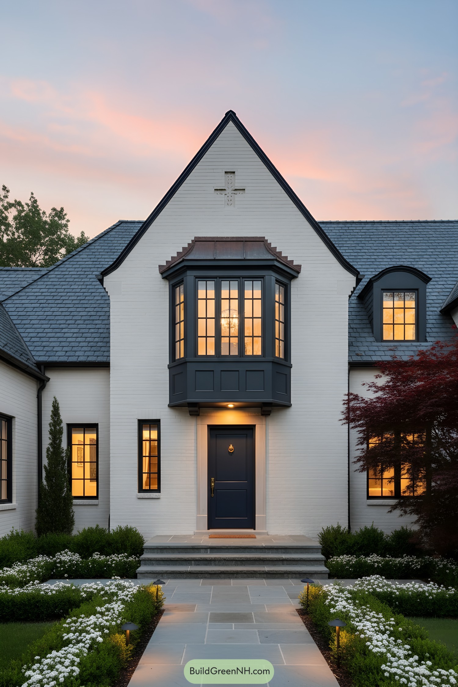 White-brick modern Tudor with slate roof and dark oriel above a blue door