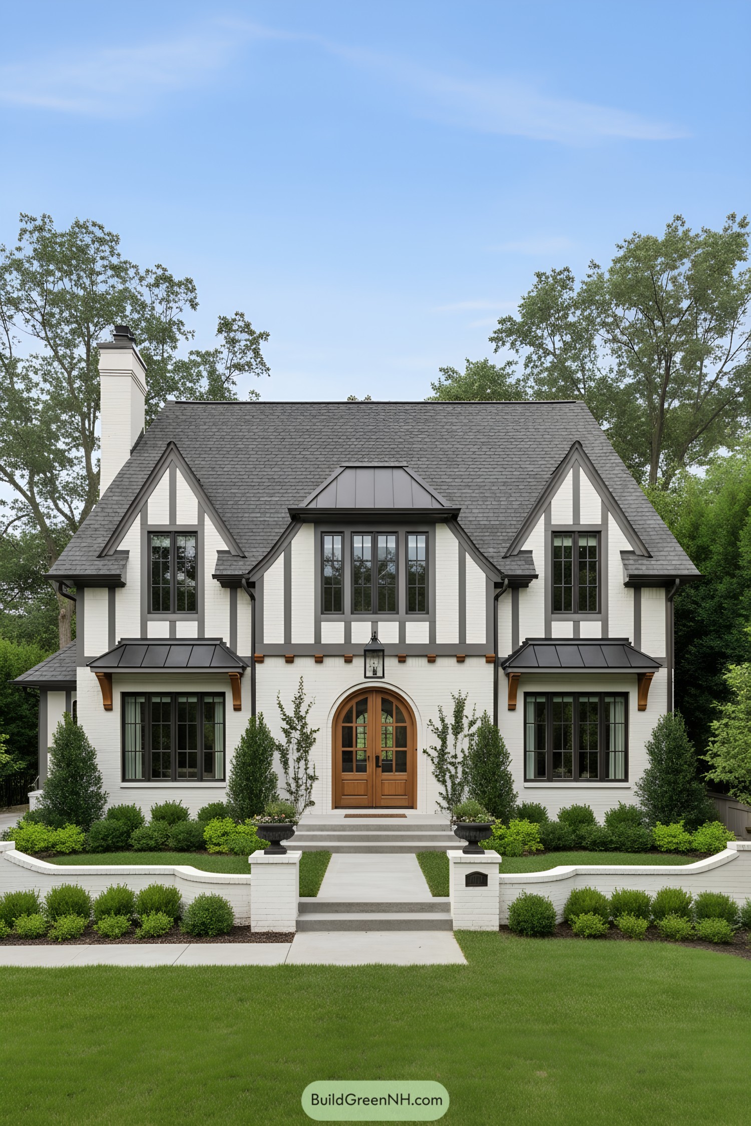 White-brick Tudor with arched wood door and dark standing-seam awnings