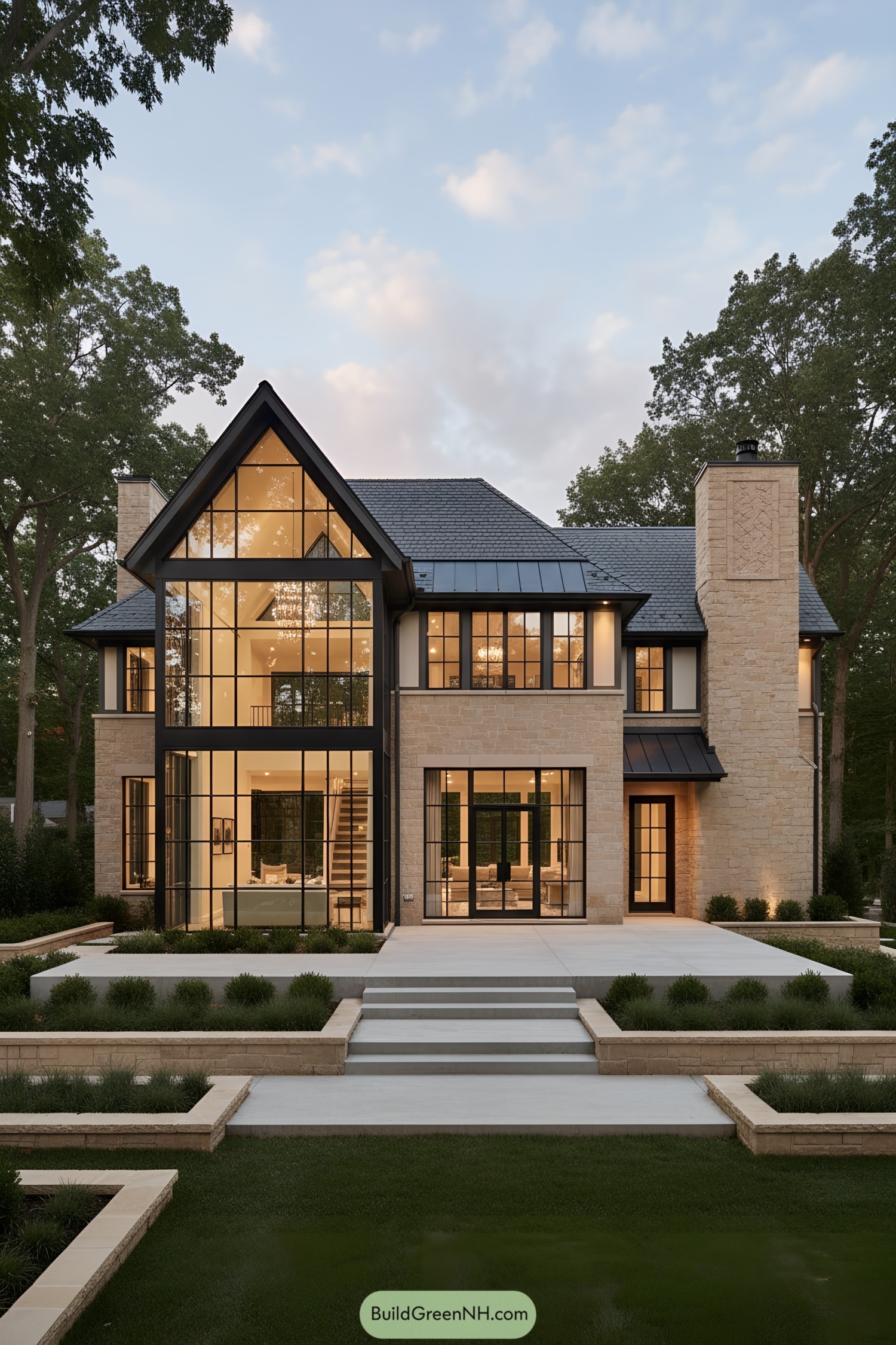 Modern Tudor mansion with tall black-framed glass gable, limestone cladding, and sleek metal roofing