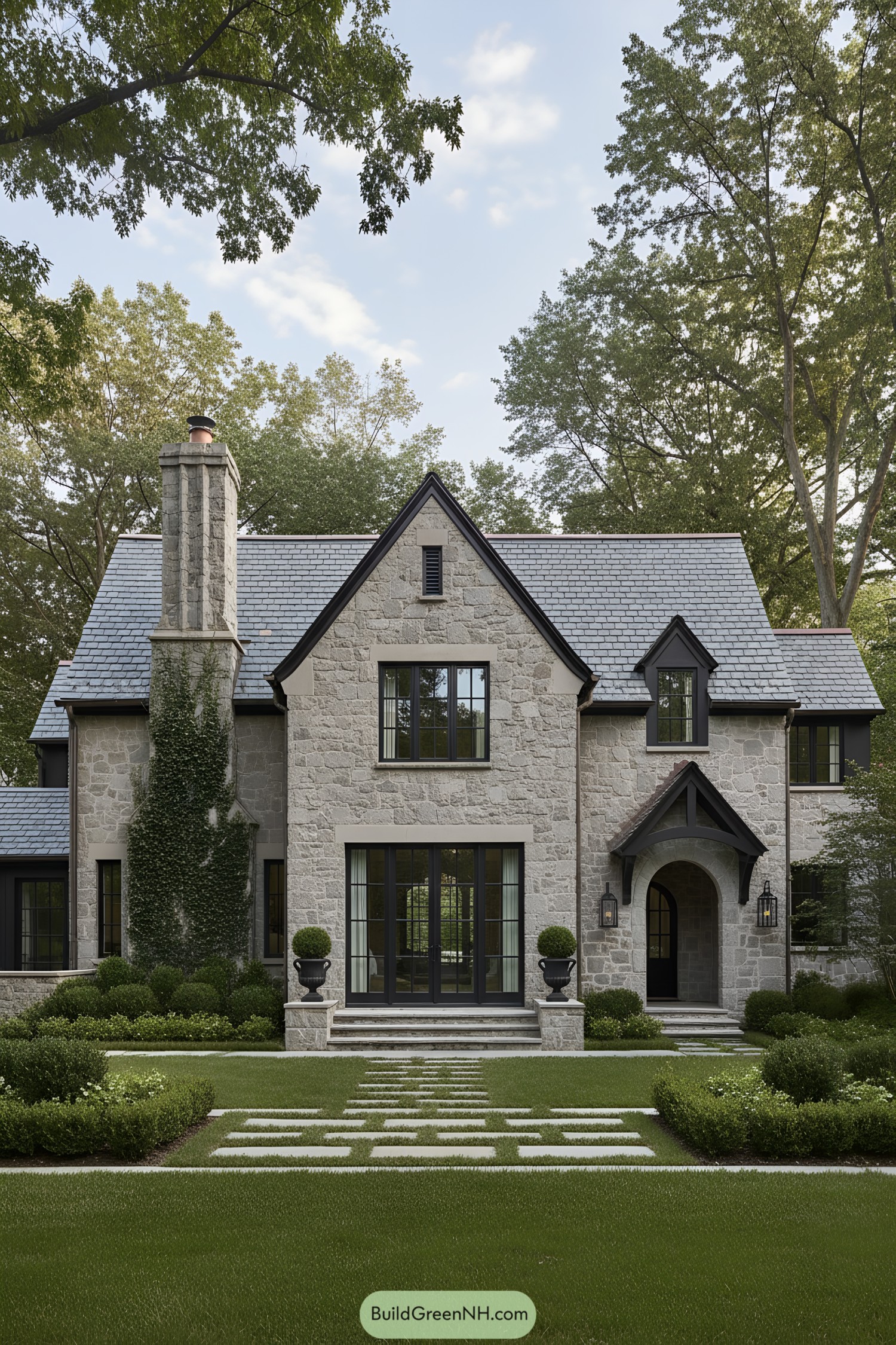 Modern Tudor manor with stone facade, slate roof, and black-trimmed windows