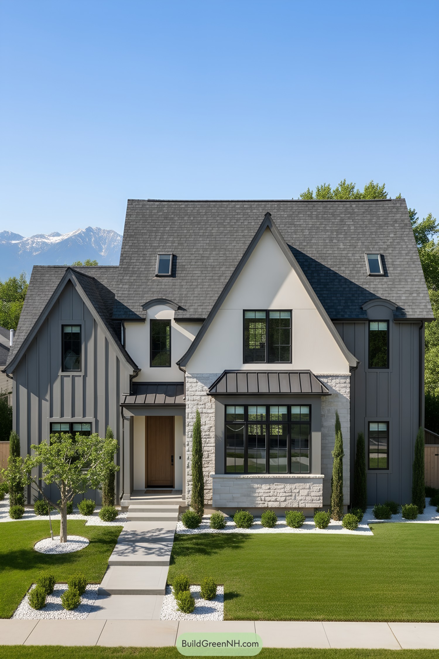 Modern Tudor home with steep charcoal gables, stone accents, and black-framed windows