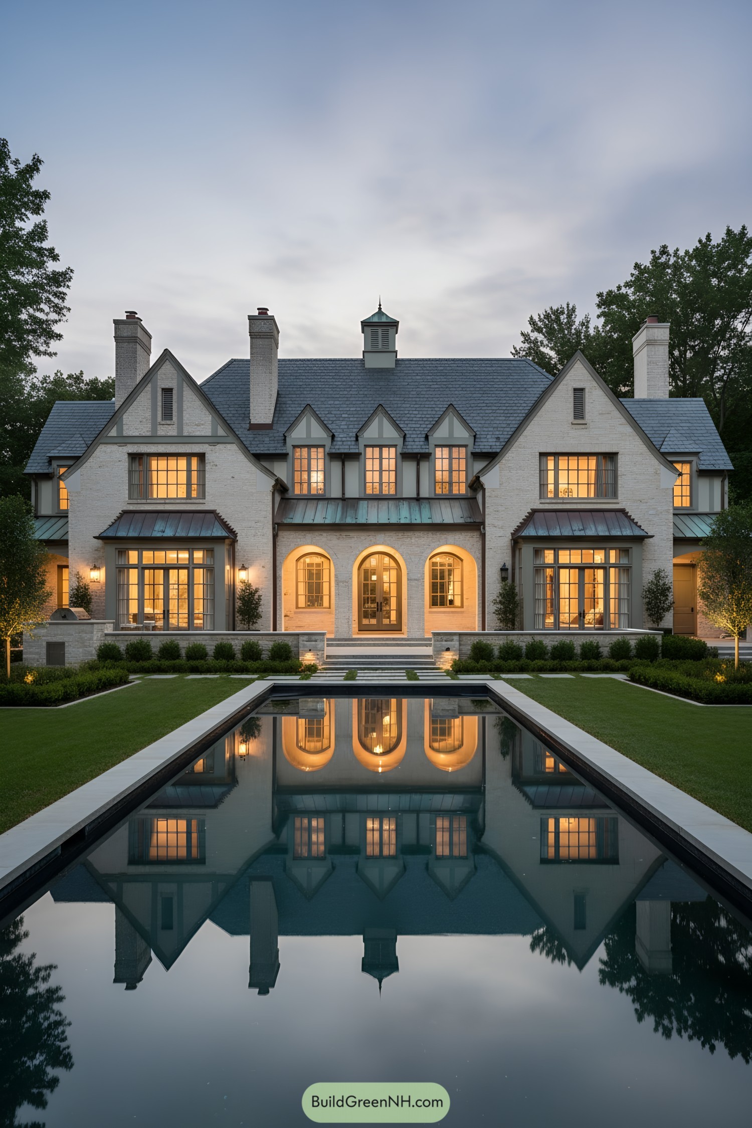 Symmetrical Tudor manor with arched loggia reflecting in a long, mirror-still pool at dusk