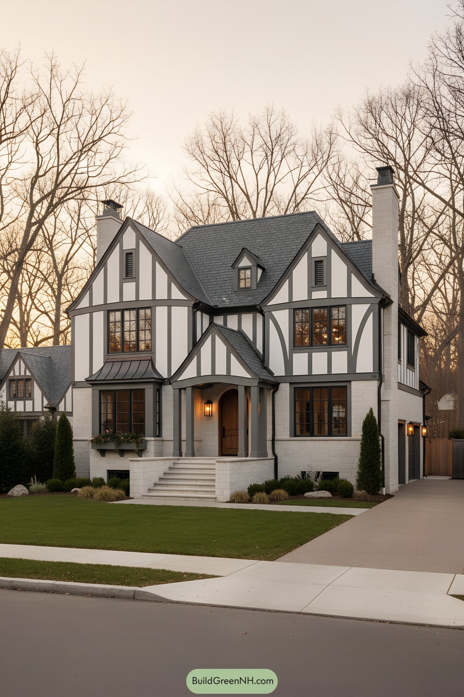 Modern Tudor facade with slate roof, crisp half-timbering, and arched portico at dusk